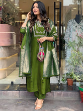 "Elegant Olive Green Silk Embroidered Salwar Suit with Jacquard Dupatta"