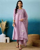 Lavender Bitaliyan Zari Sequence Gota Work Embroidered A Line Kurta With Pant and Dupatta