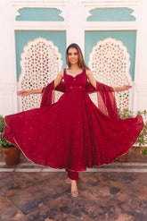 "Graceful Maroon Flared Anarkali with Dupatta – Festive Wear"