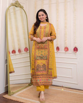 "Mustard Yellow Printed Suit Set with Intricate Mirror Work – Ethnic Charm Collection"