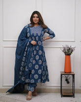 "Navy Blue Bandhani-Print Cotton Kurta Set – Effortless Elegance in Everyday Style"