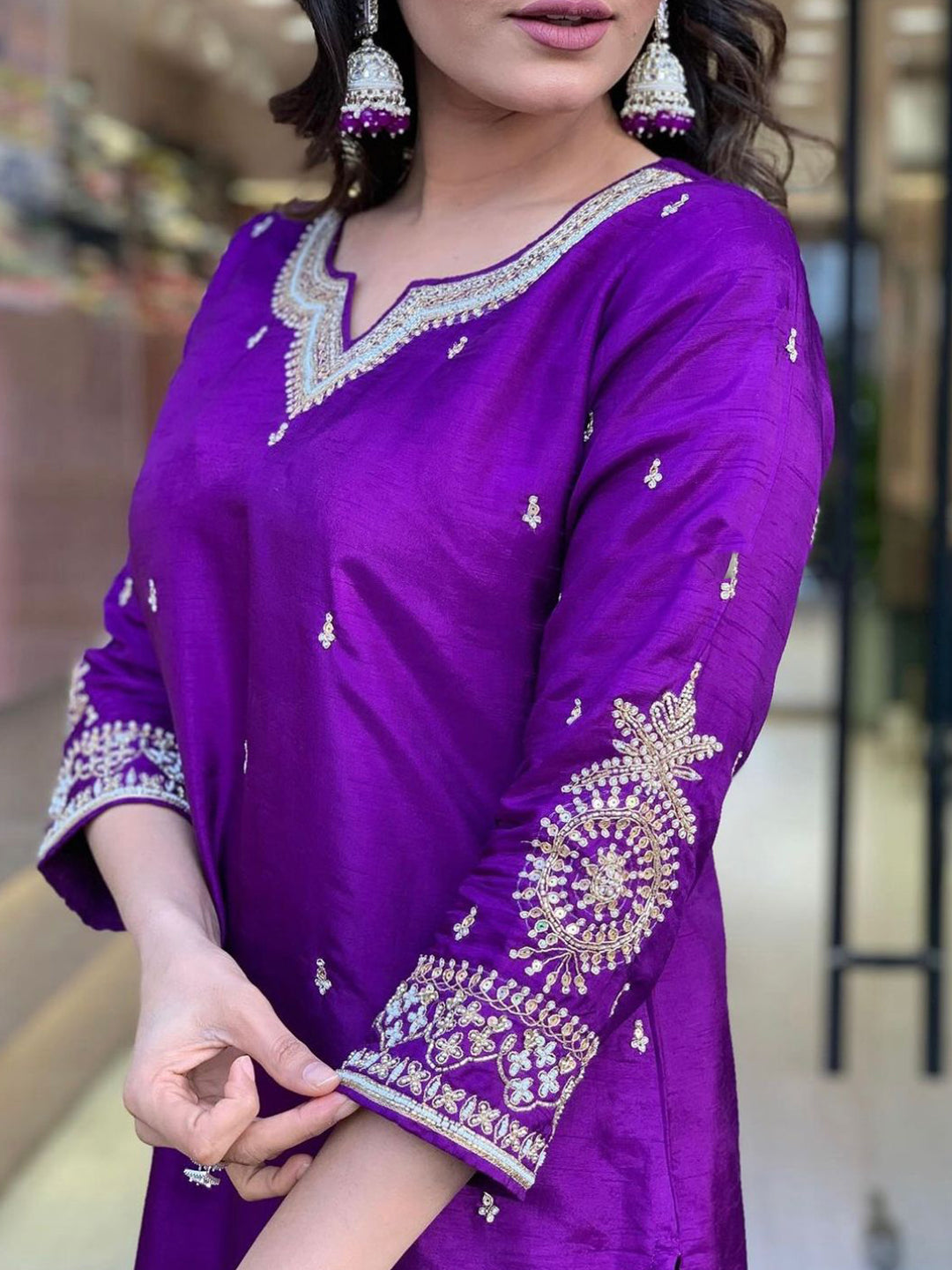 "Royal Purple Silk Embroidered Suit Set with Contrasting Jacquard Dupatta"