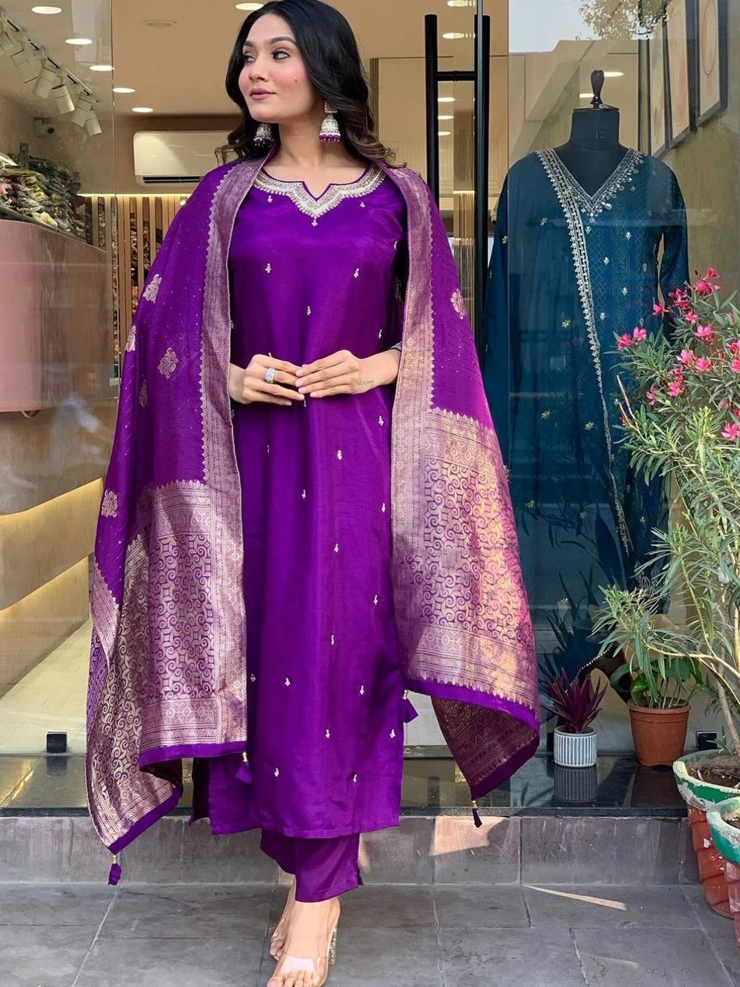 "Royal Purple Silk Embroidered Suit Set with Contrasting Jacquard Dupatta"