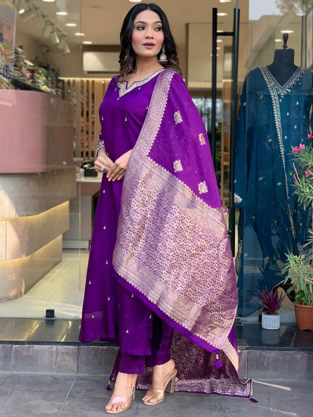 "Royal Purple Silk Embroidered Suit Set with Contrasting Jacquard Dupatta"