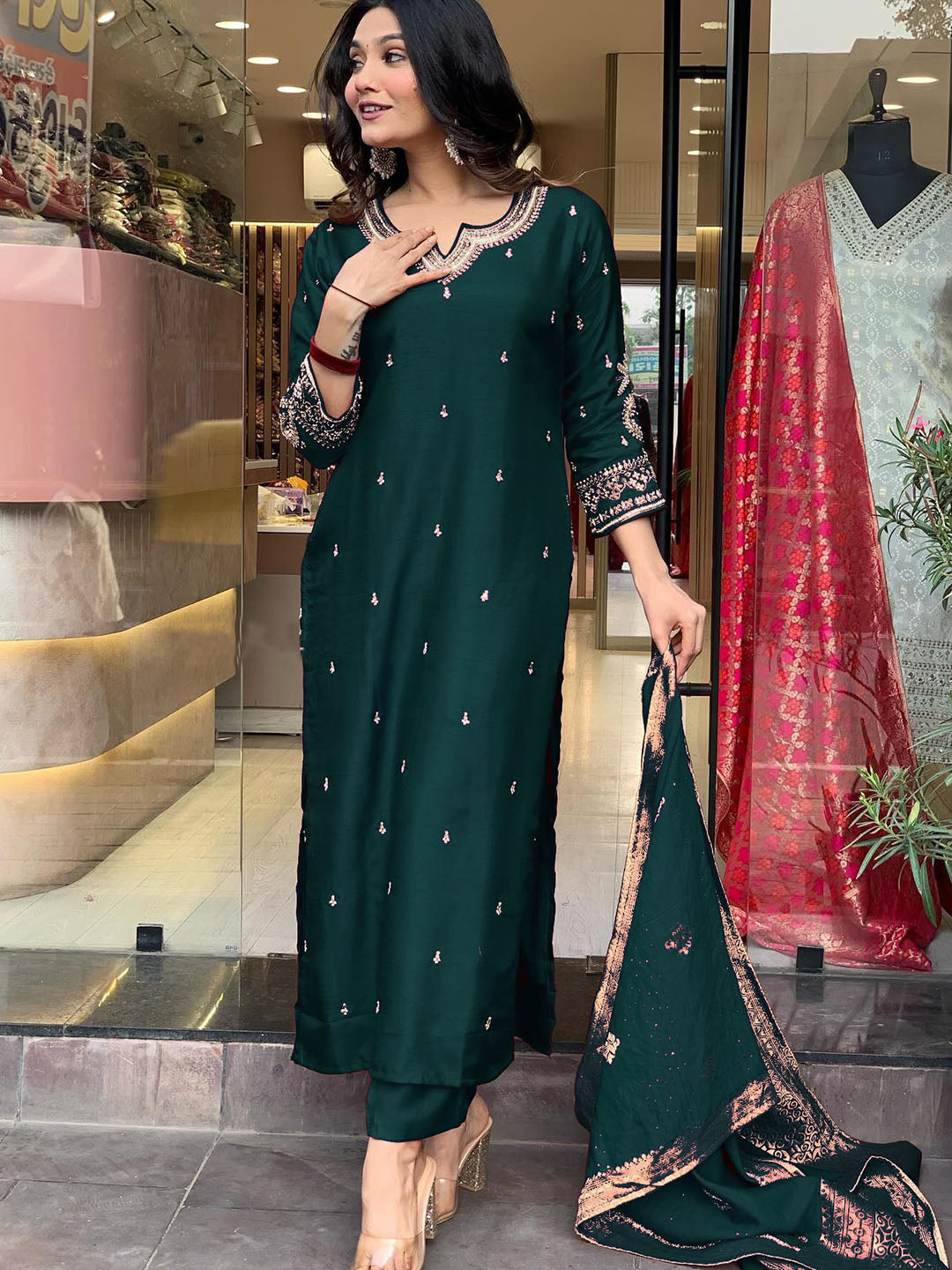 Premium Roman Silk Embroidery Suit for Women with Stylish Jacquard Dupatta