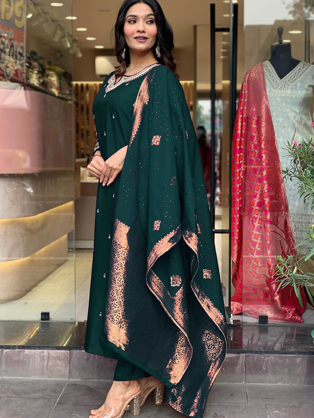 Premium Roman Silk Embroidery Suit for Women with Stylish Jacquard Dupatta