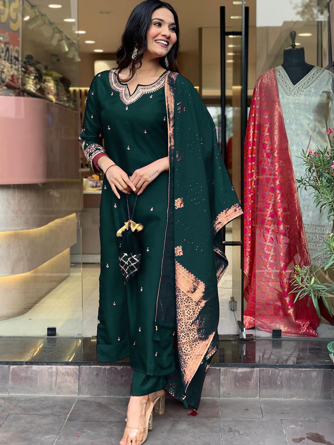 Premium Roman Silk Embroidery Suit for Women with Stylish Jacquard Dupatta