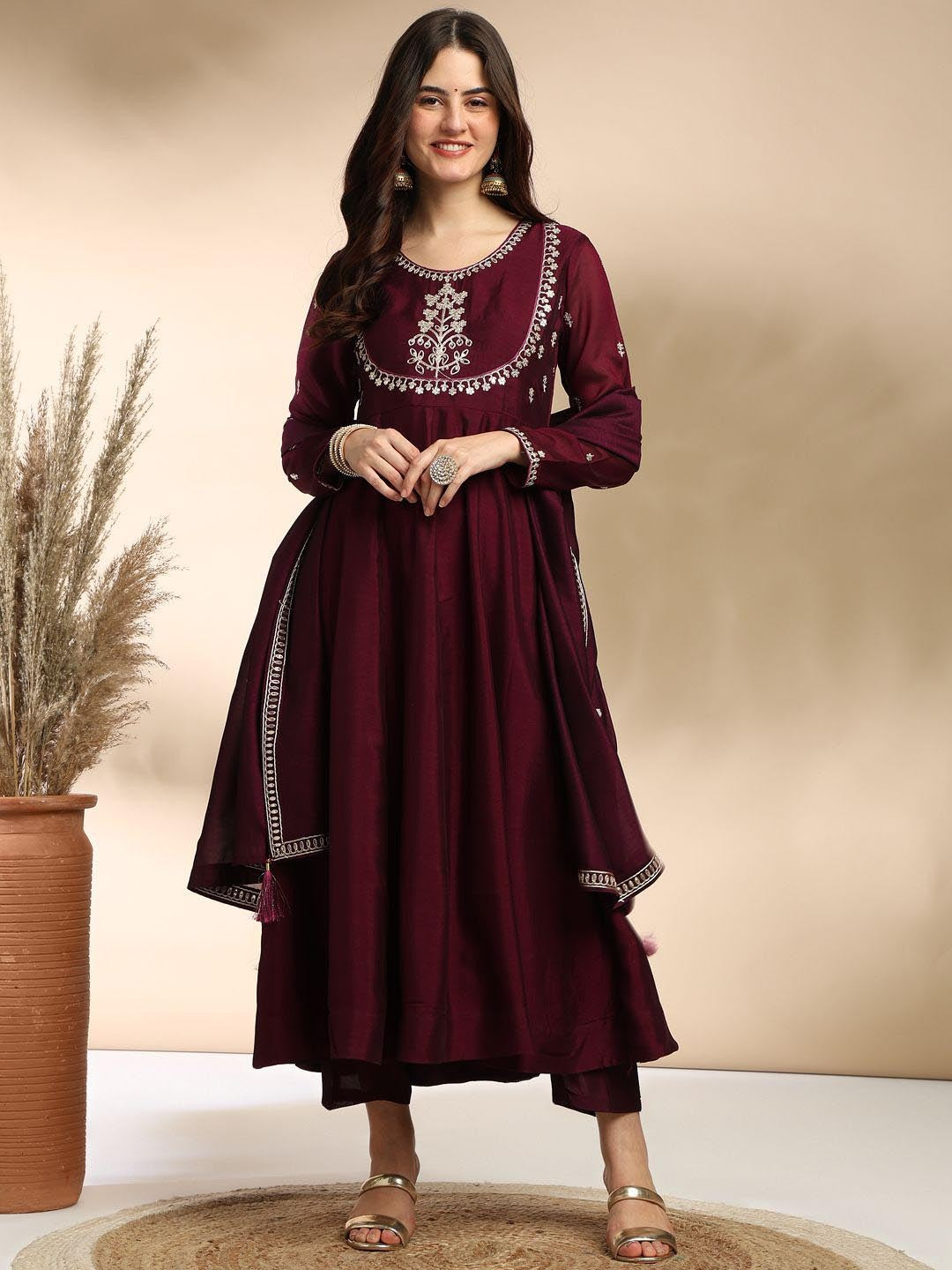 Rich Brown Embroidered A-Line Kurta Set with Dupatta