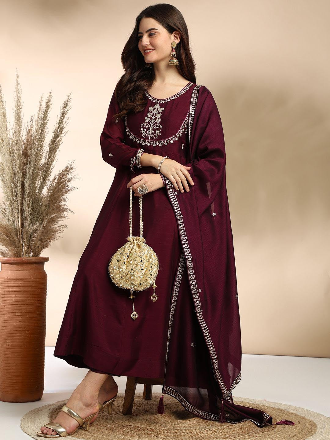Rich Brown Embroidered A-Line Kurta Set with Dupatta