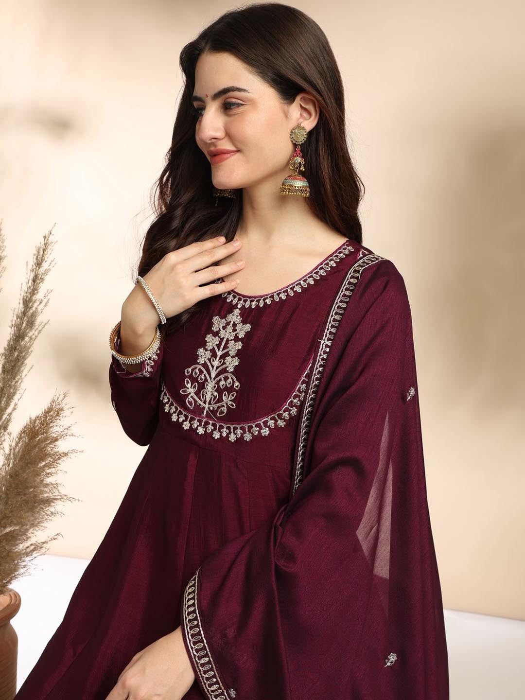 Rich Brown Embroidered A-Line Kurta Set with Dupatta