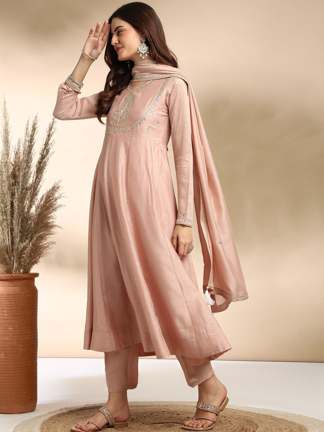 Blush Pink High-Neck Anarkali Kurta Set with Silver Embroidery