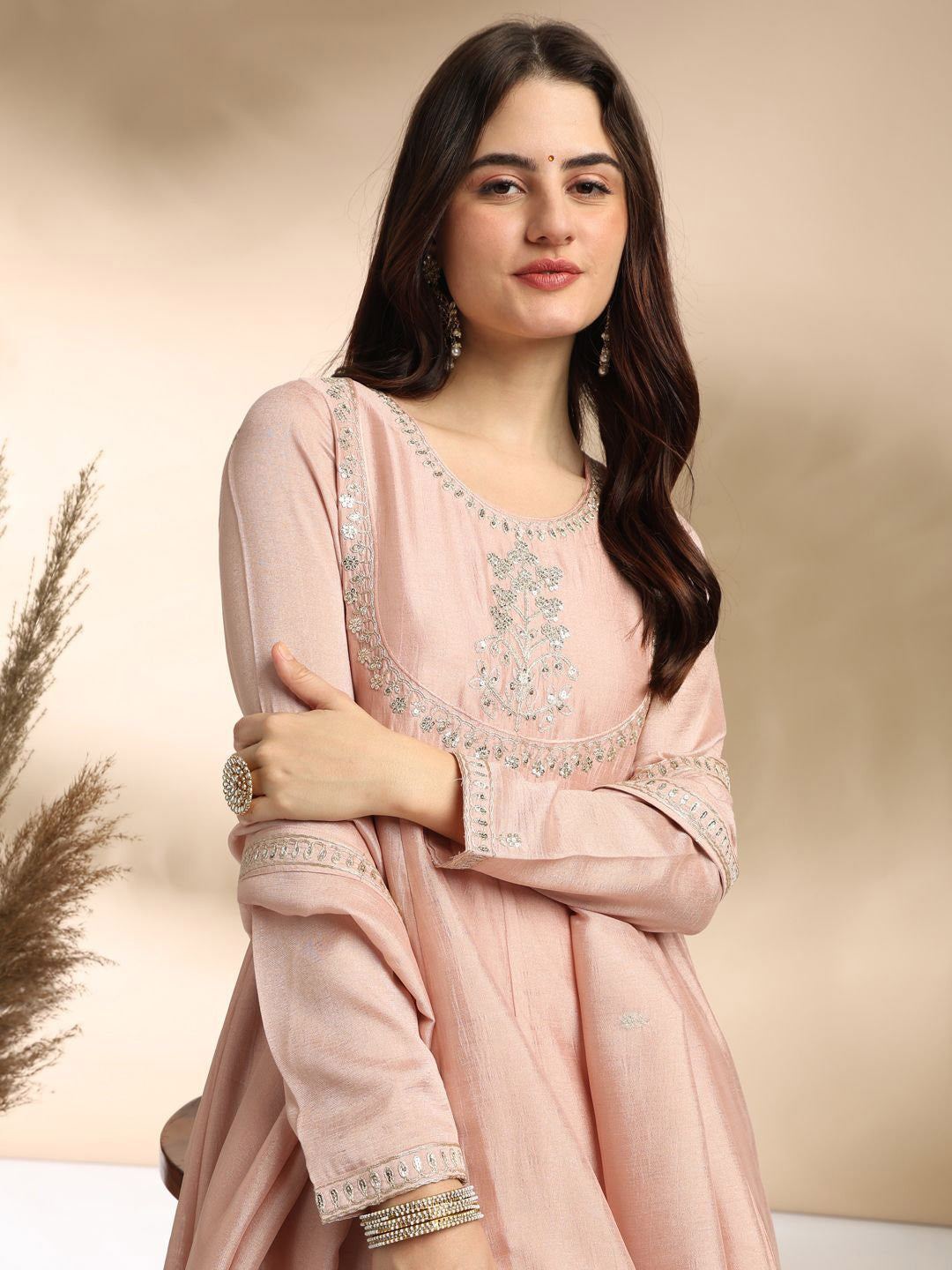 Blush Pink High-Neck Anarkali Kurta Set with Silver Embroidery