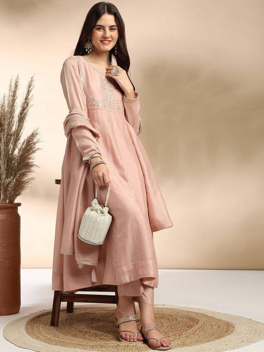 Blush Pink High-Neck Anarkali Kurta Set with Silver Embroidery