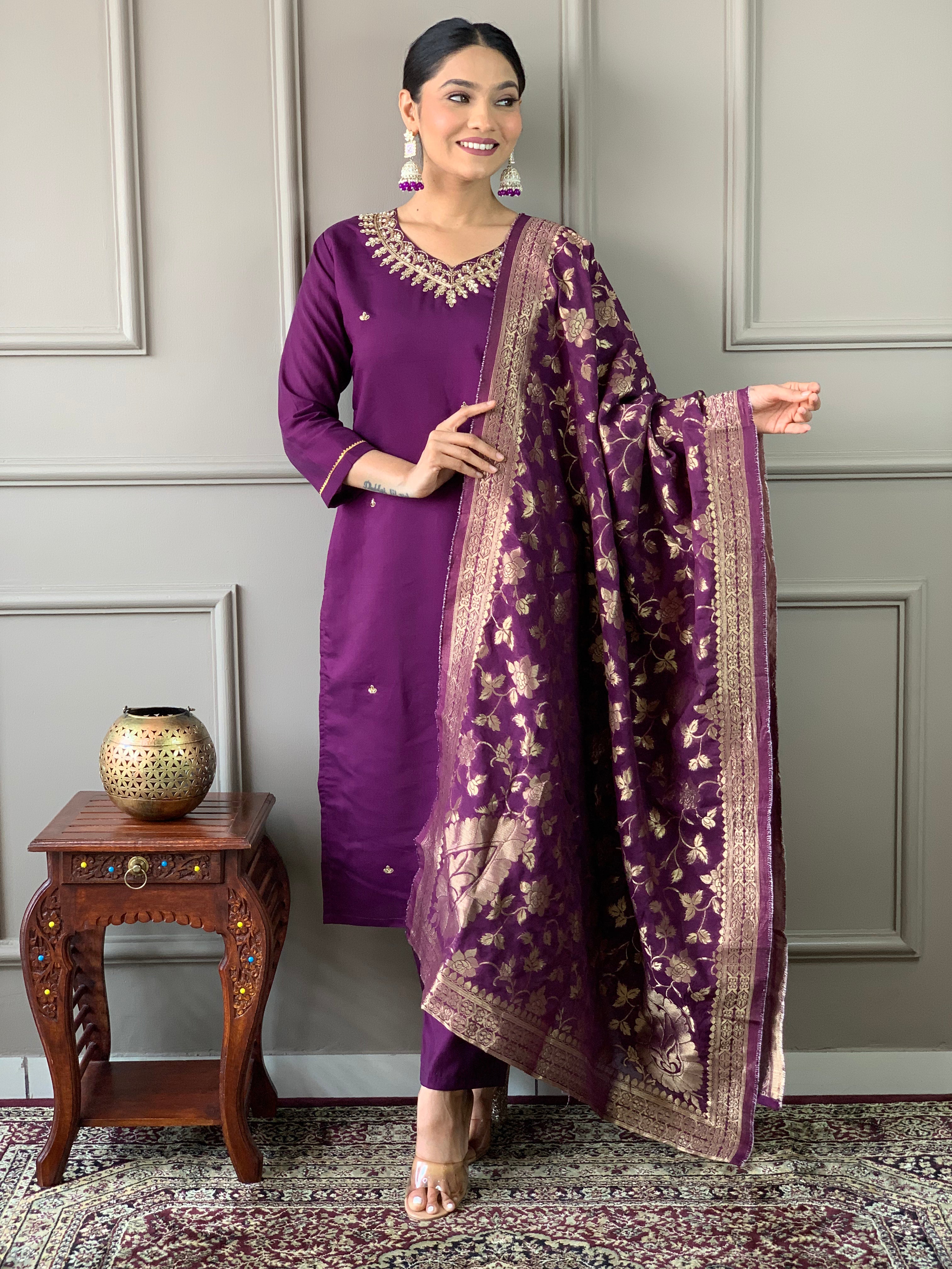 Wine Viscose Chanderi Embroidered Kurta Set With Dupatta