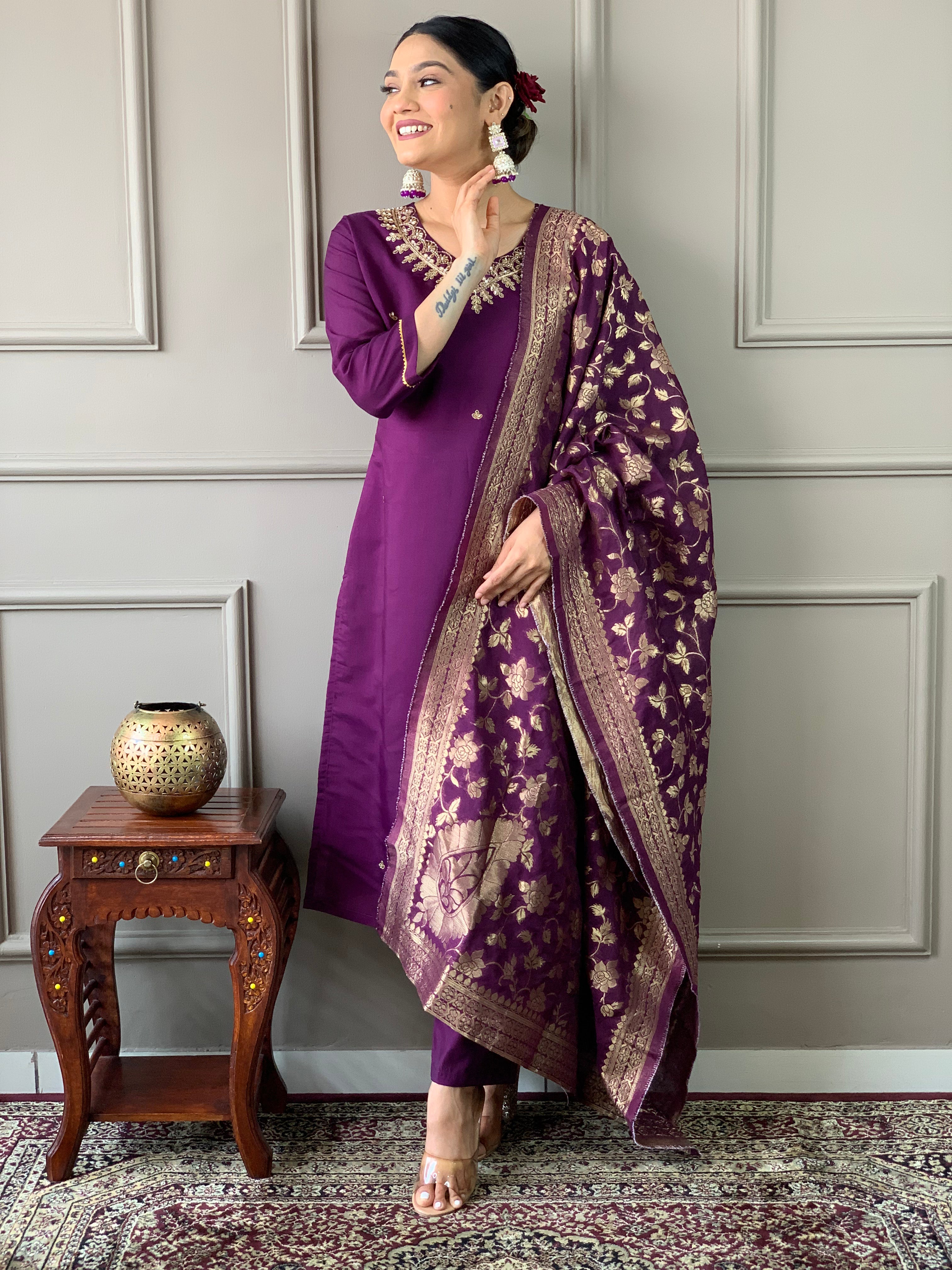 Wine Viscose Chanderi Embroidered Kurta Set With Dupatta