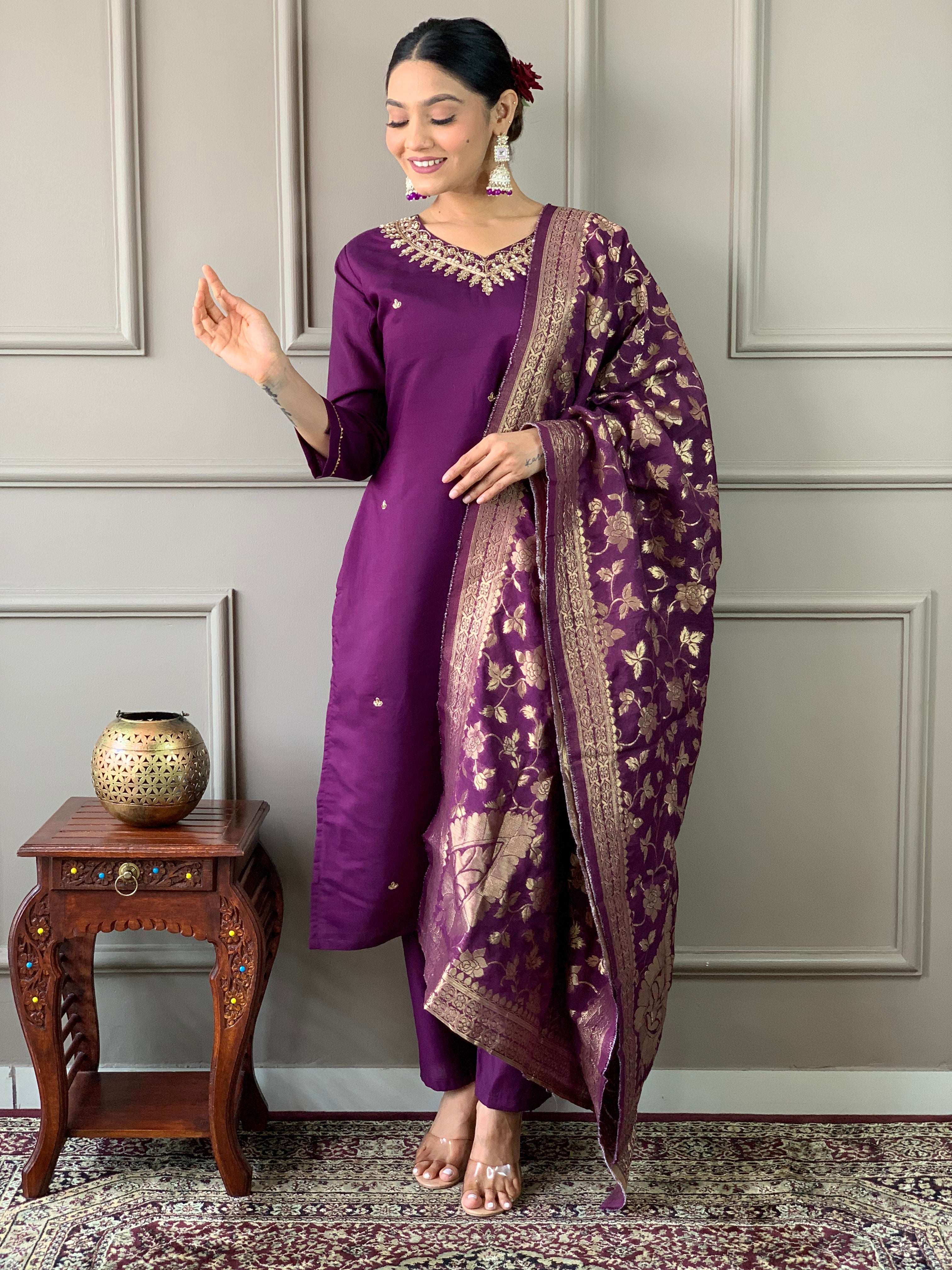 Wine Viscose Chanderi Embroidered Kurta Set With Dupatta