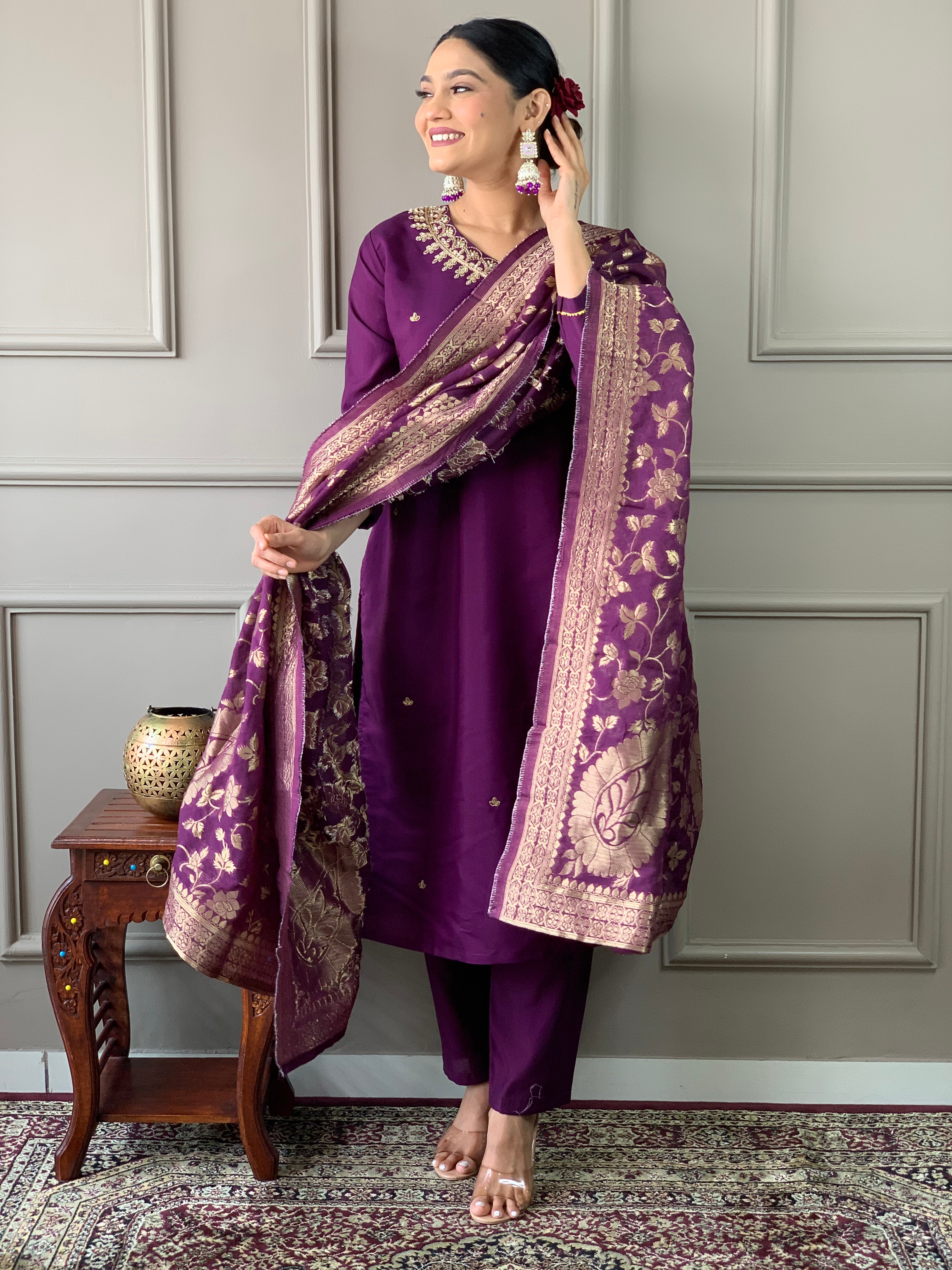 Wine Viscose Chanderi Embroidered Kurta Set With Dupatta