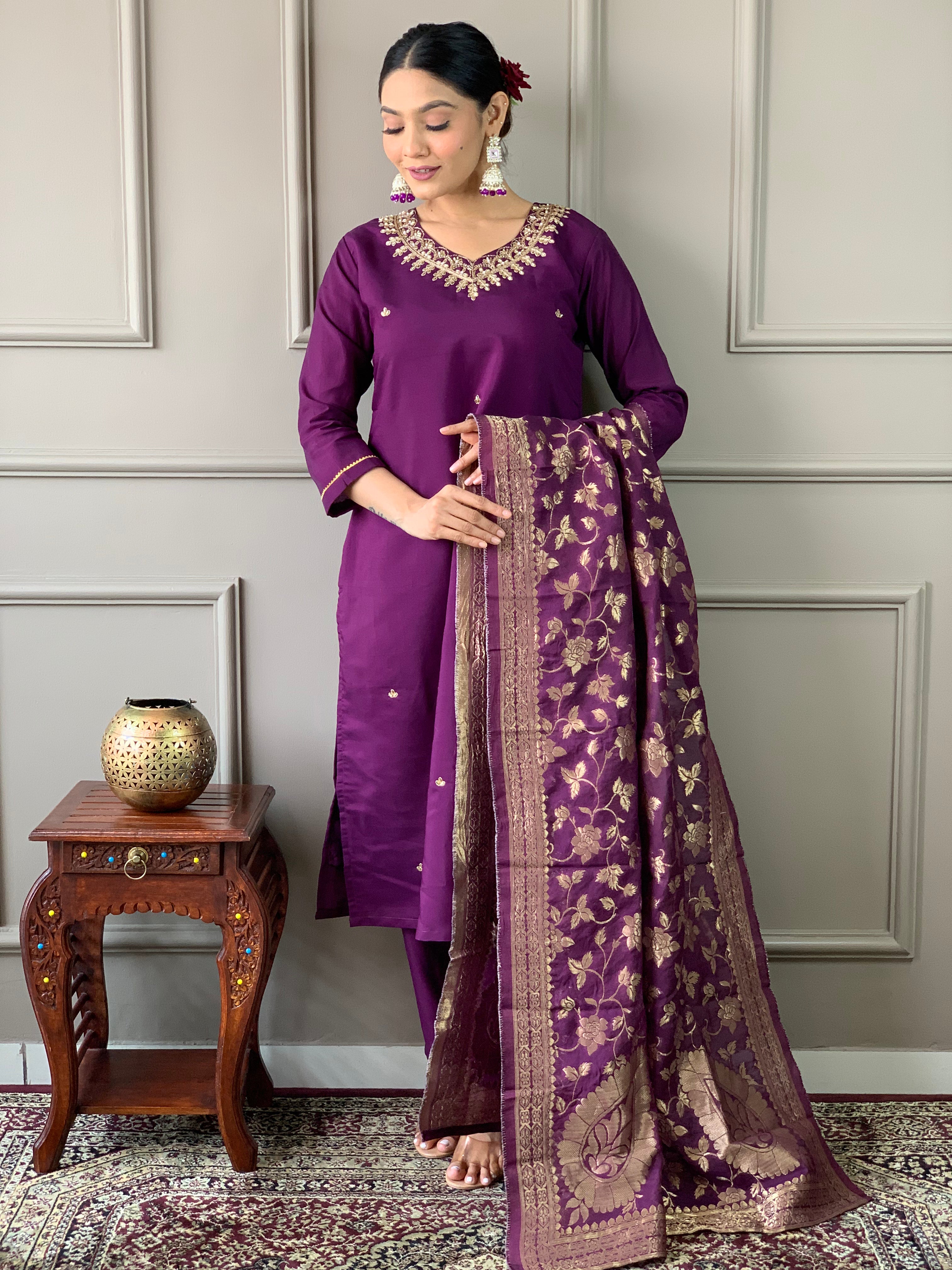 Wine Viscose Chanderi Embroidered Kurta Set With Dupatta