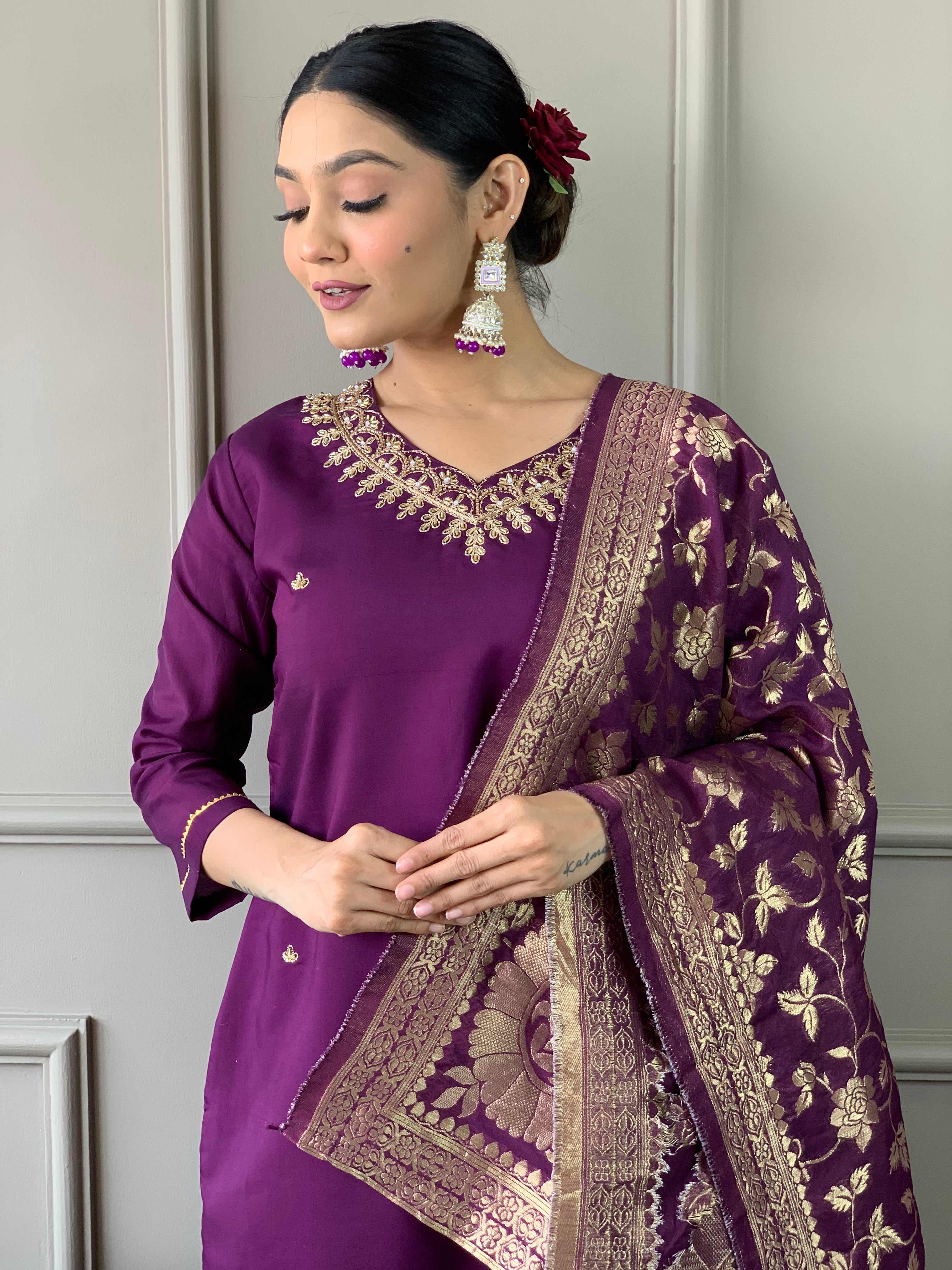 Wine Viscose Chanderi Embroidered Kurta Set With Dupatta