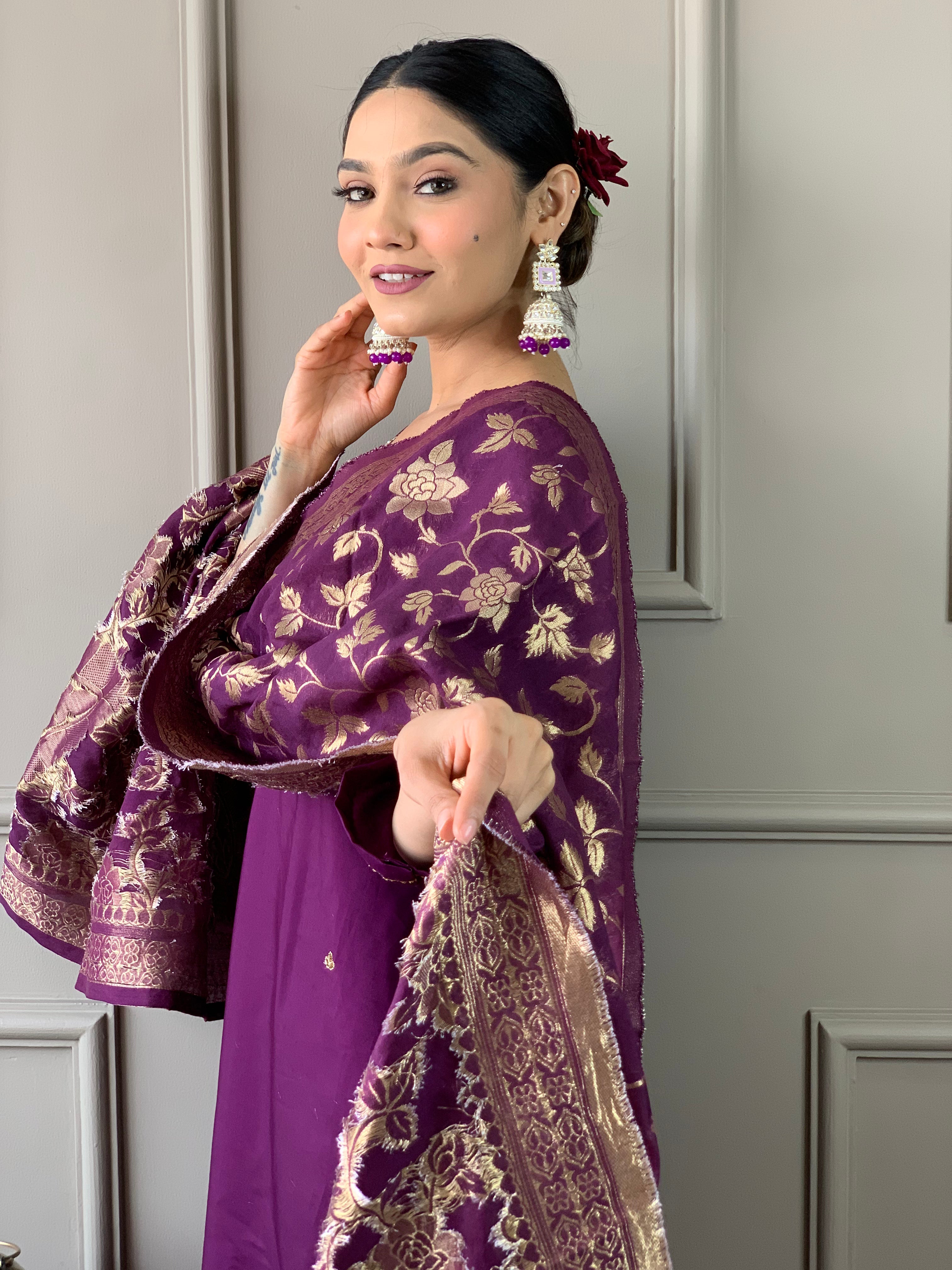 Wine Viscose Chanderi Embroidered Kurta Set With Dupatta