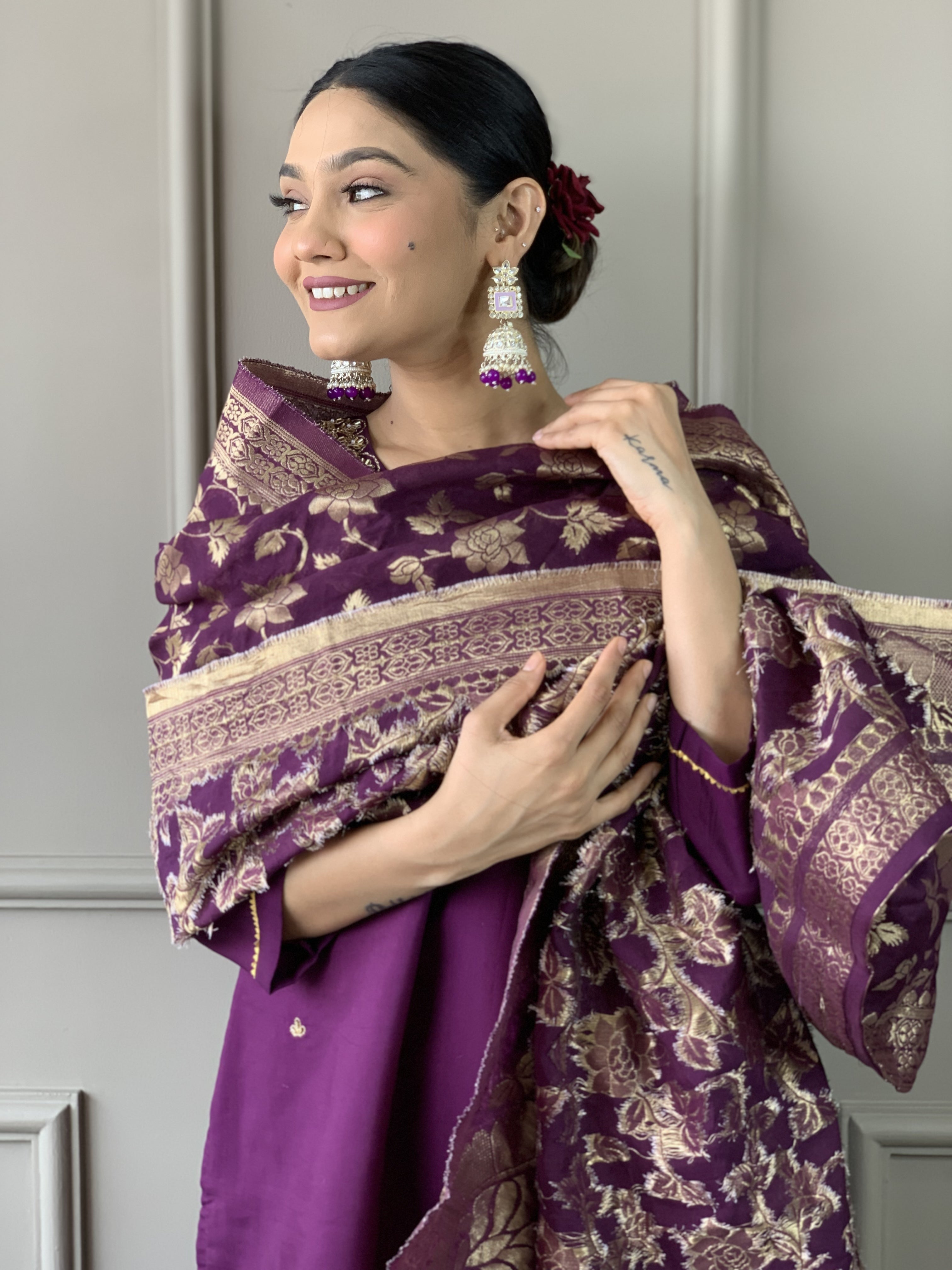 Wine Viscose Chanderi Embroidered Kurta Set With Dupatta