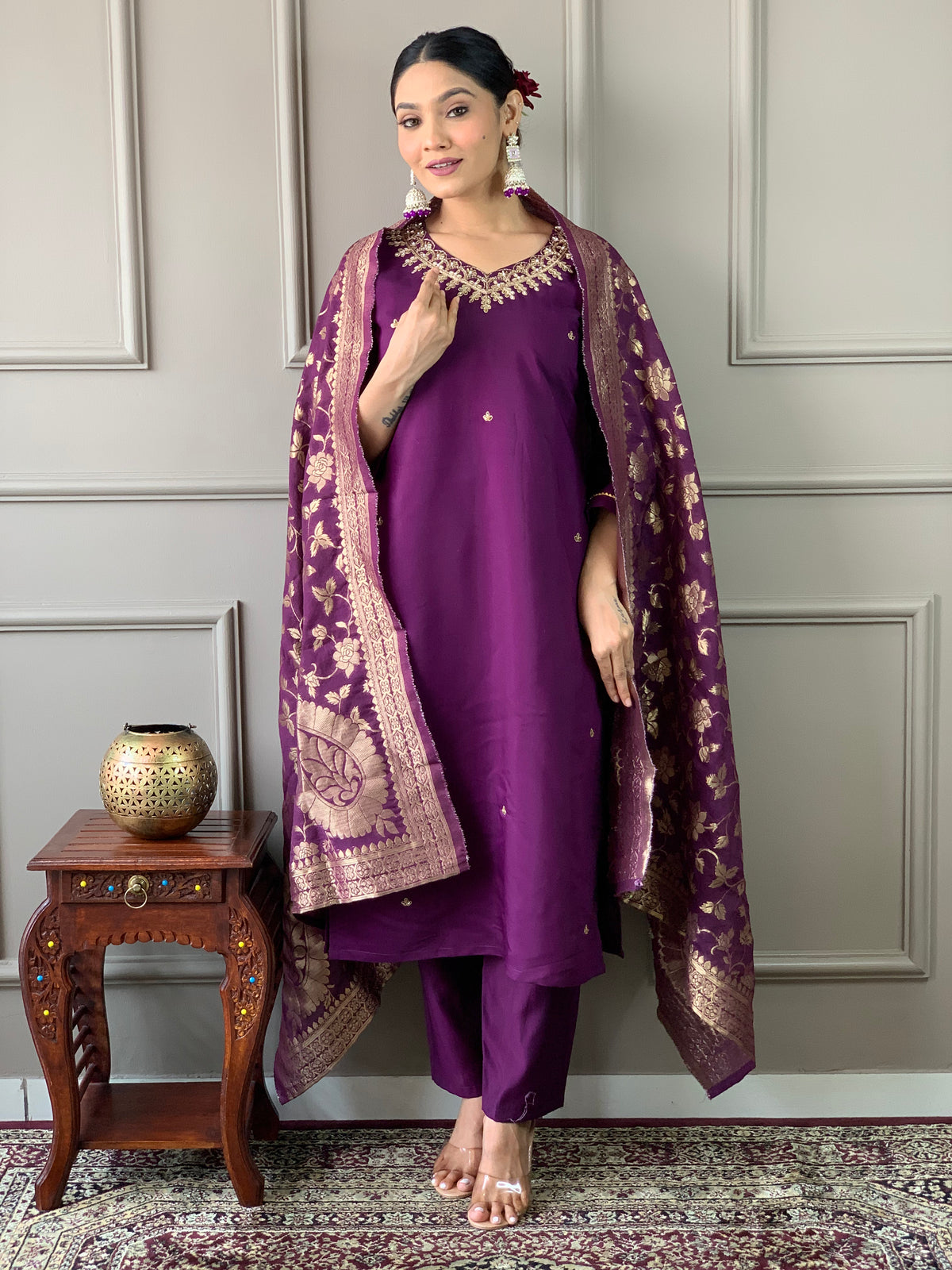 Wine Viscose Chanderi Embroidered Kurta Set With Dupatta