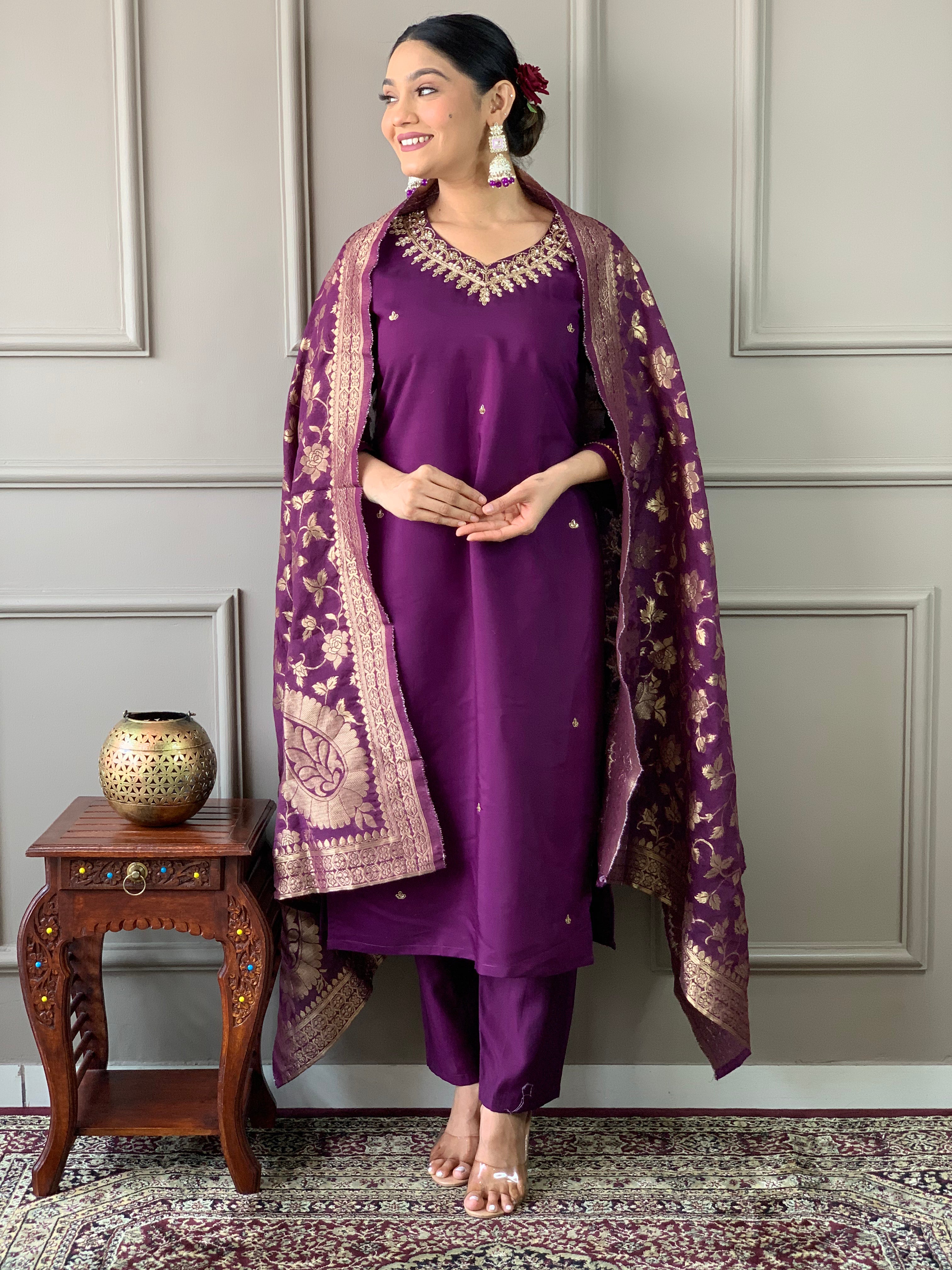 Wine Viscose Chanderi Embroidered Kurta Set With Dupatta