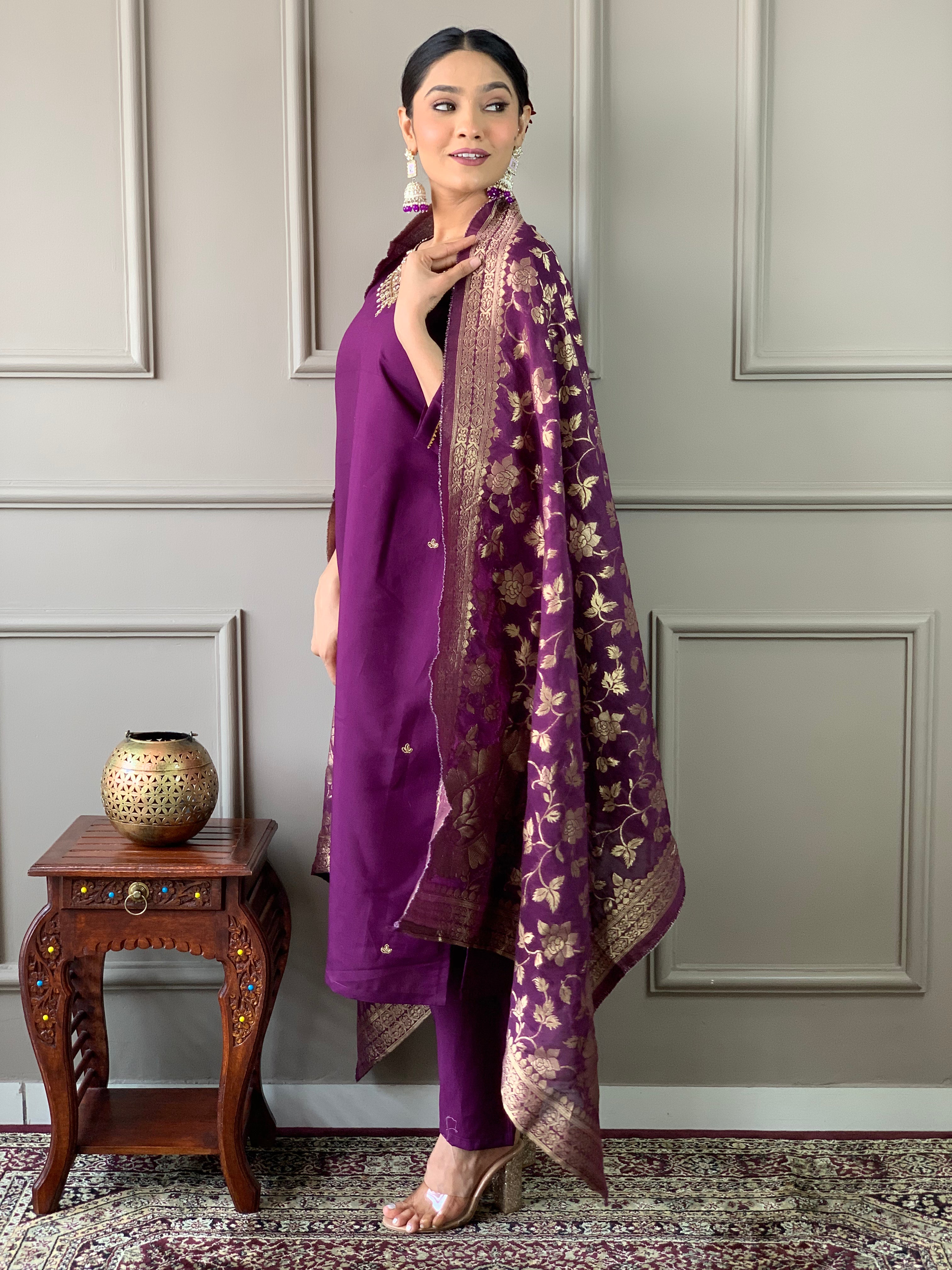 Wine Viscose Chanderi Embroidered Kurta Set With Dupatta