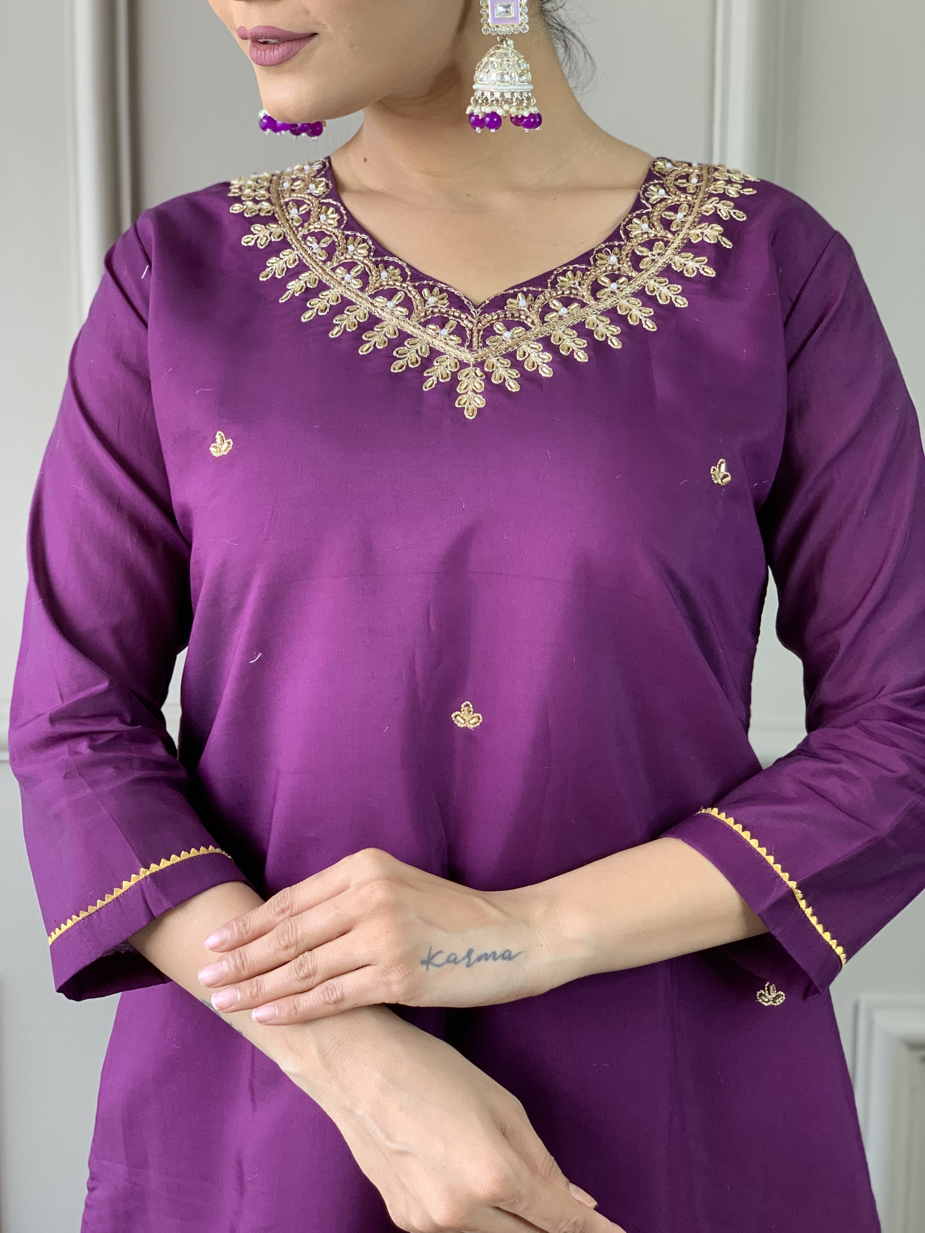 Wine Viscose Chanderi Embroidered Kurta Set With Dupatta