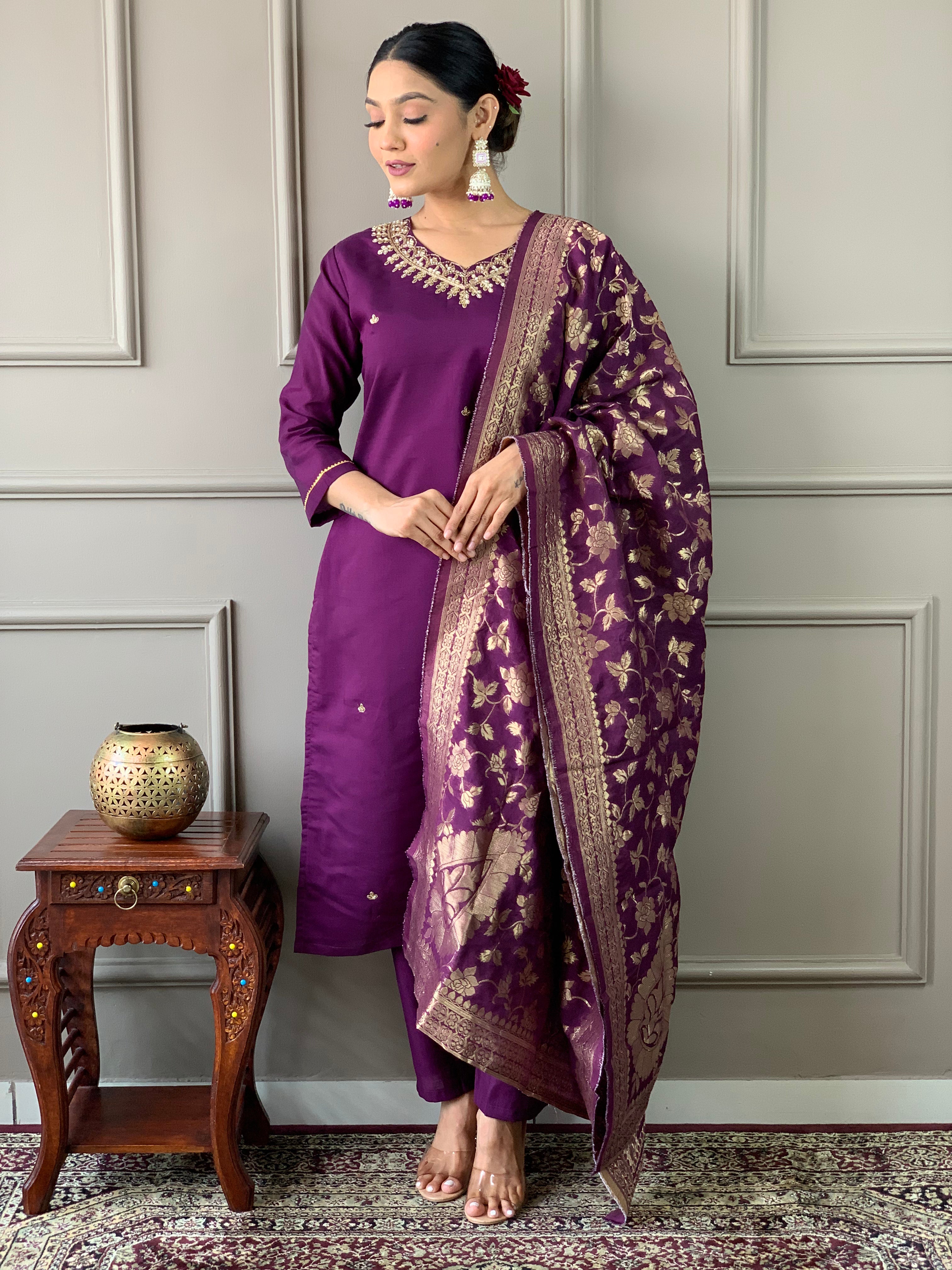 Wine Viscose Chanderi Embroidered Kurta Set With Dupatta