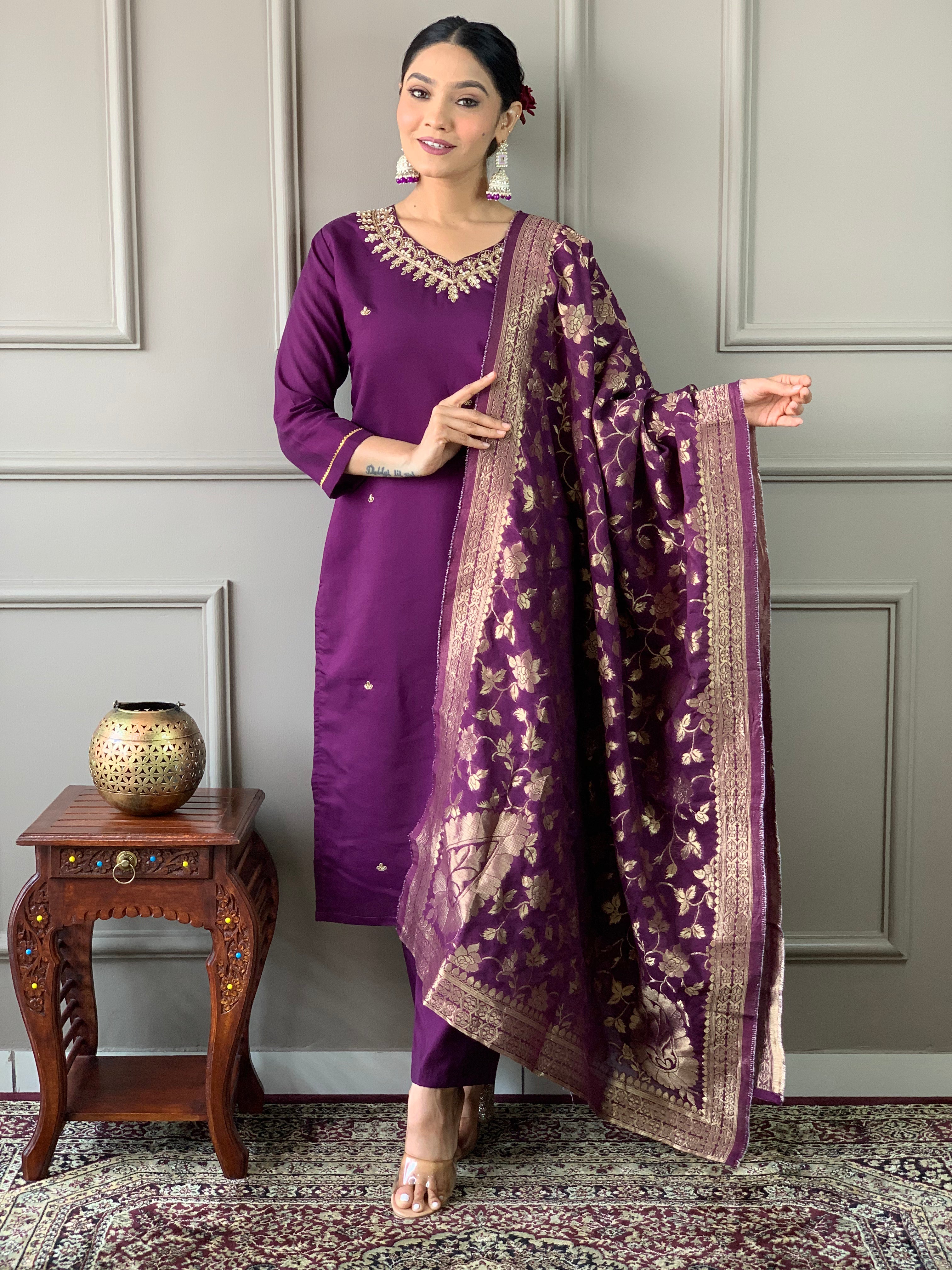 Wine Viscose Chanderi Embroidered Kurta Set With Dupatta