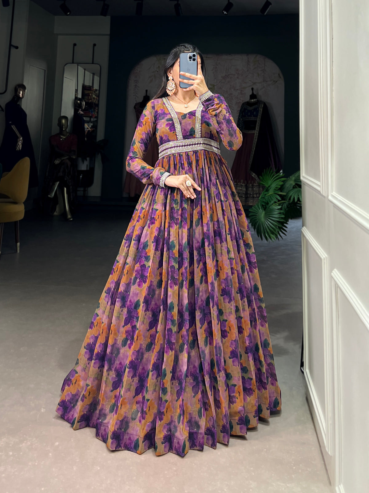 Elegant Purple Floral Georgette Gown with Lace Detailing