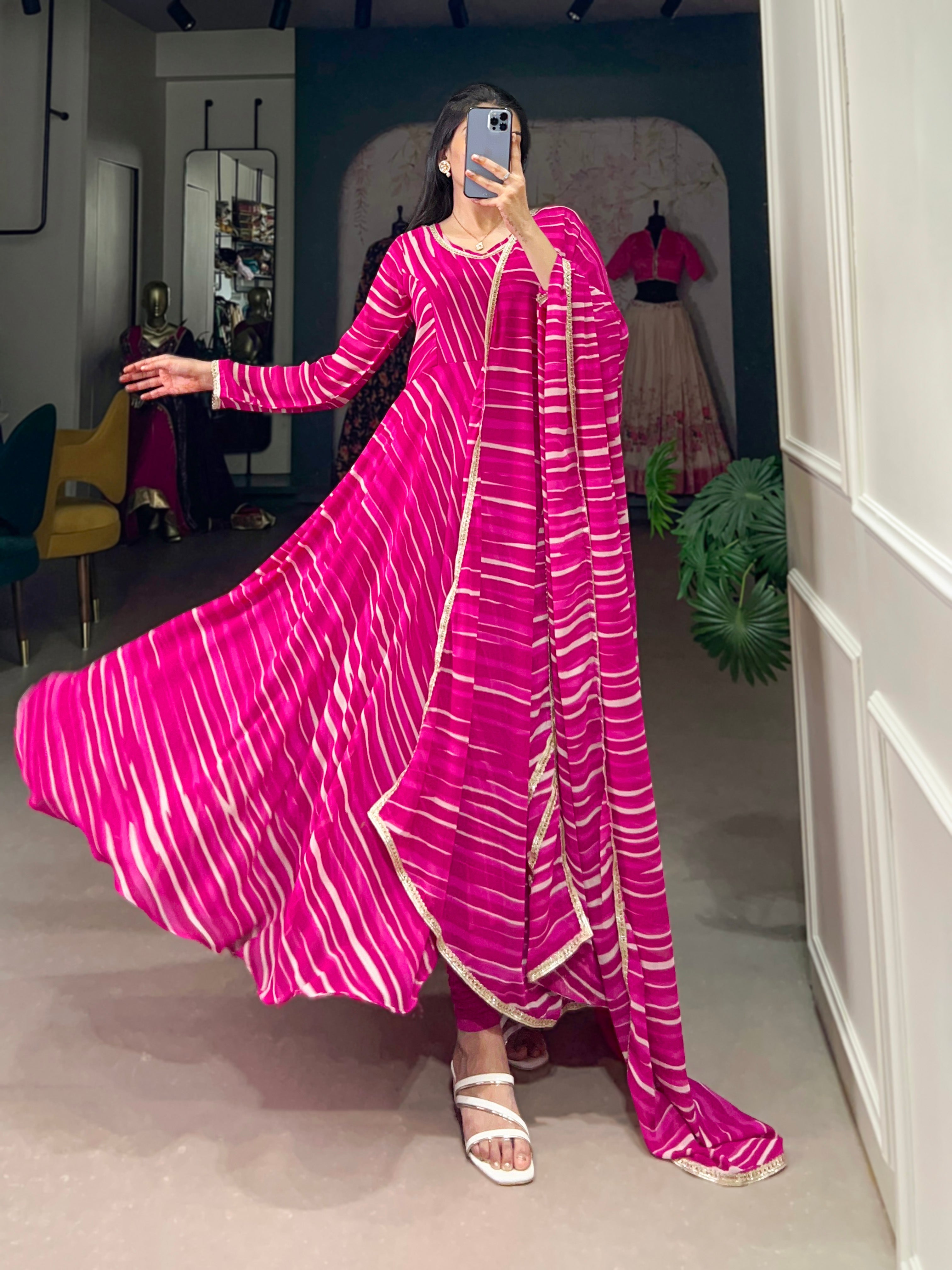 Leheriya Georgette Gown with Lace Touch Up and Dupatta