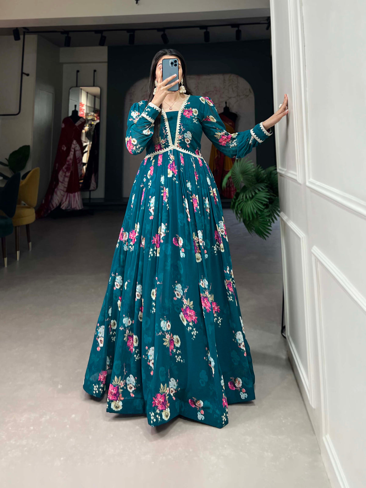 Floral Print Firozi Georgette Gown with Dupatta