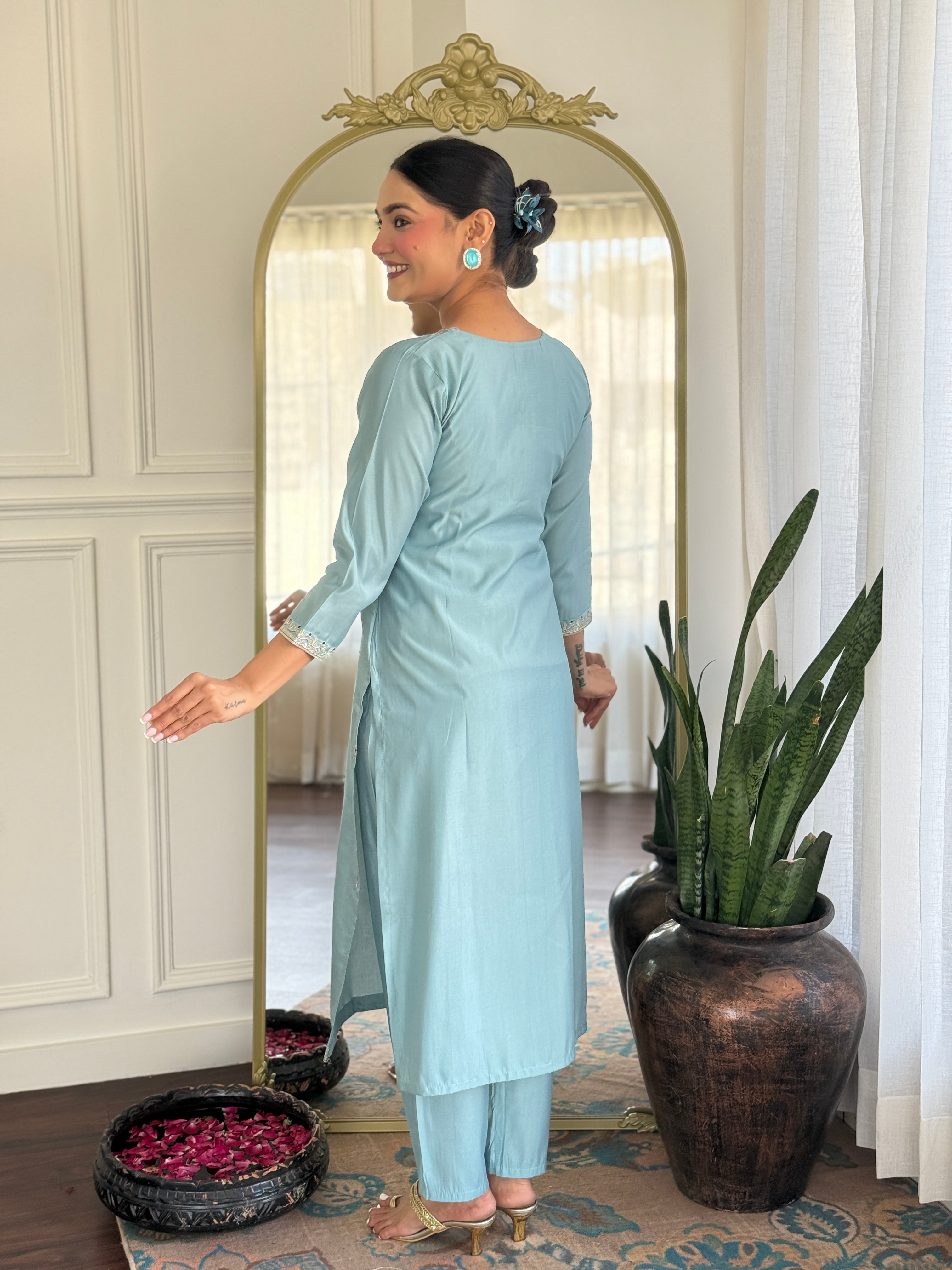 Embroidered Chanderi Silk Pakistani Suit in Sky Blue
