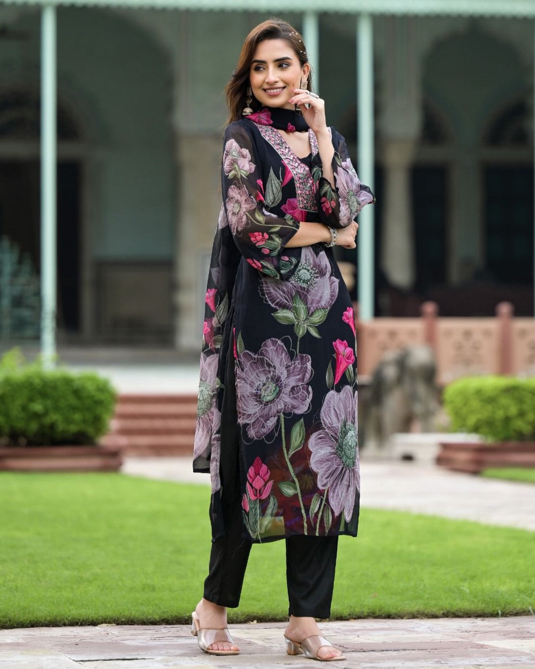 Trendy Roman Silk Kurta Pant Dupatta Set With Printed For Women