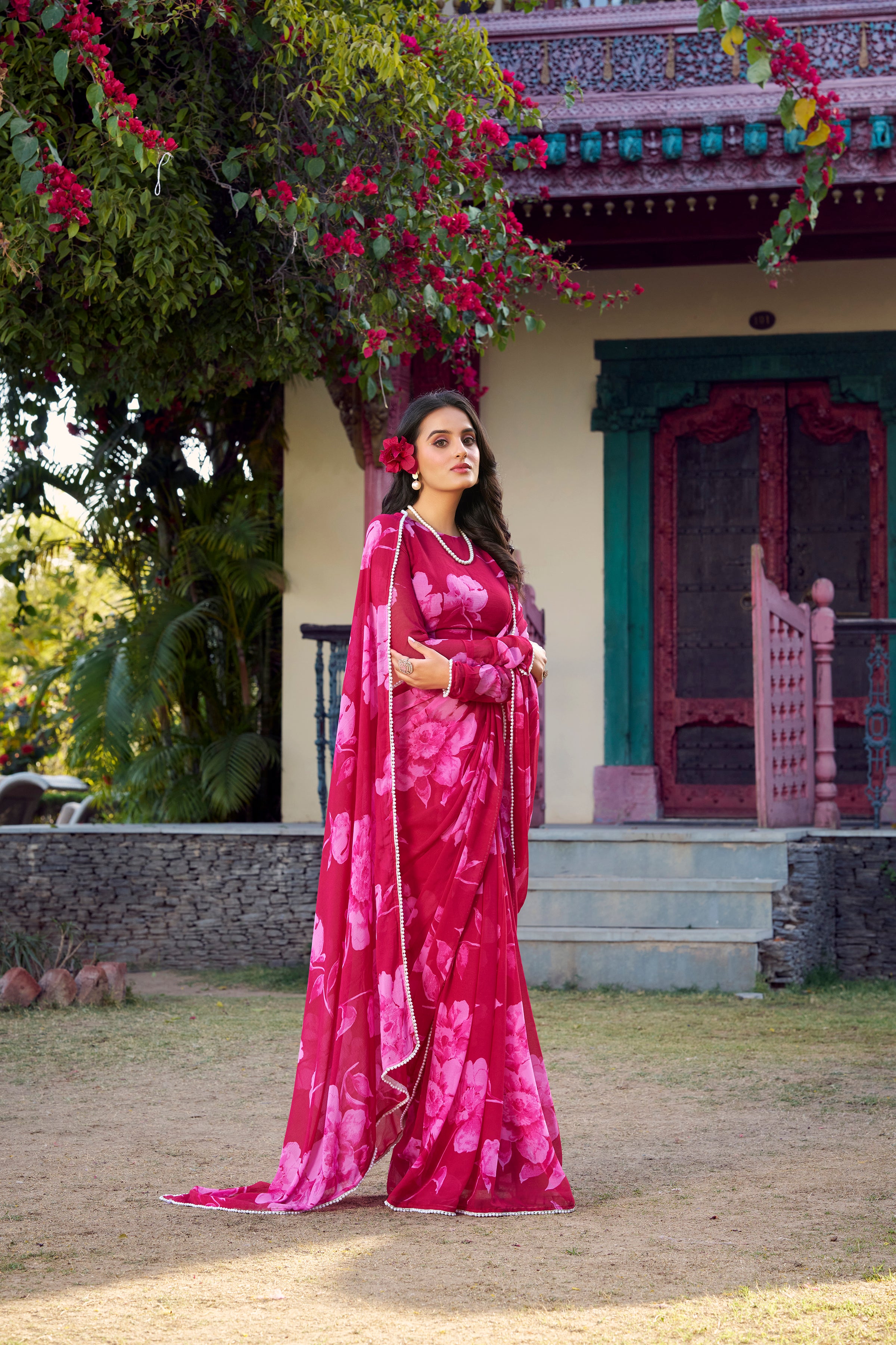 Awesome Pink Floral Printed Chiffon Saree