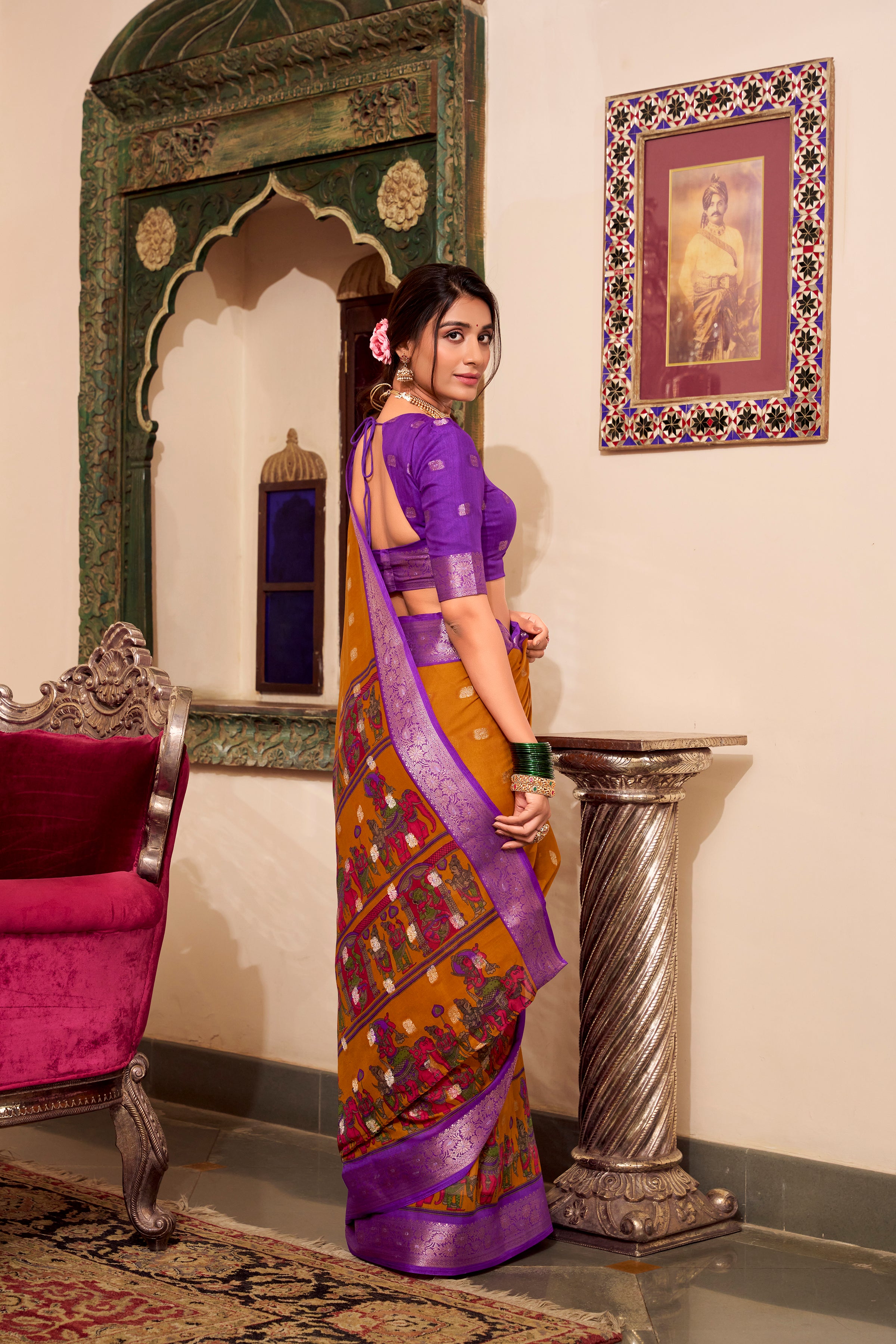Mustard Yellow & Purple Poly Cotton Saree