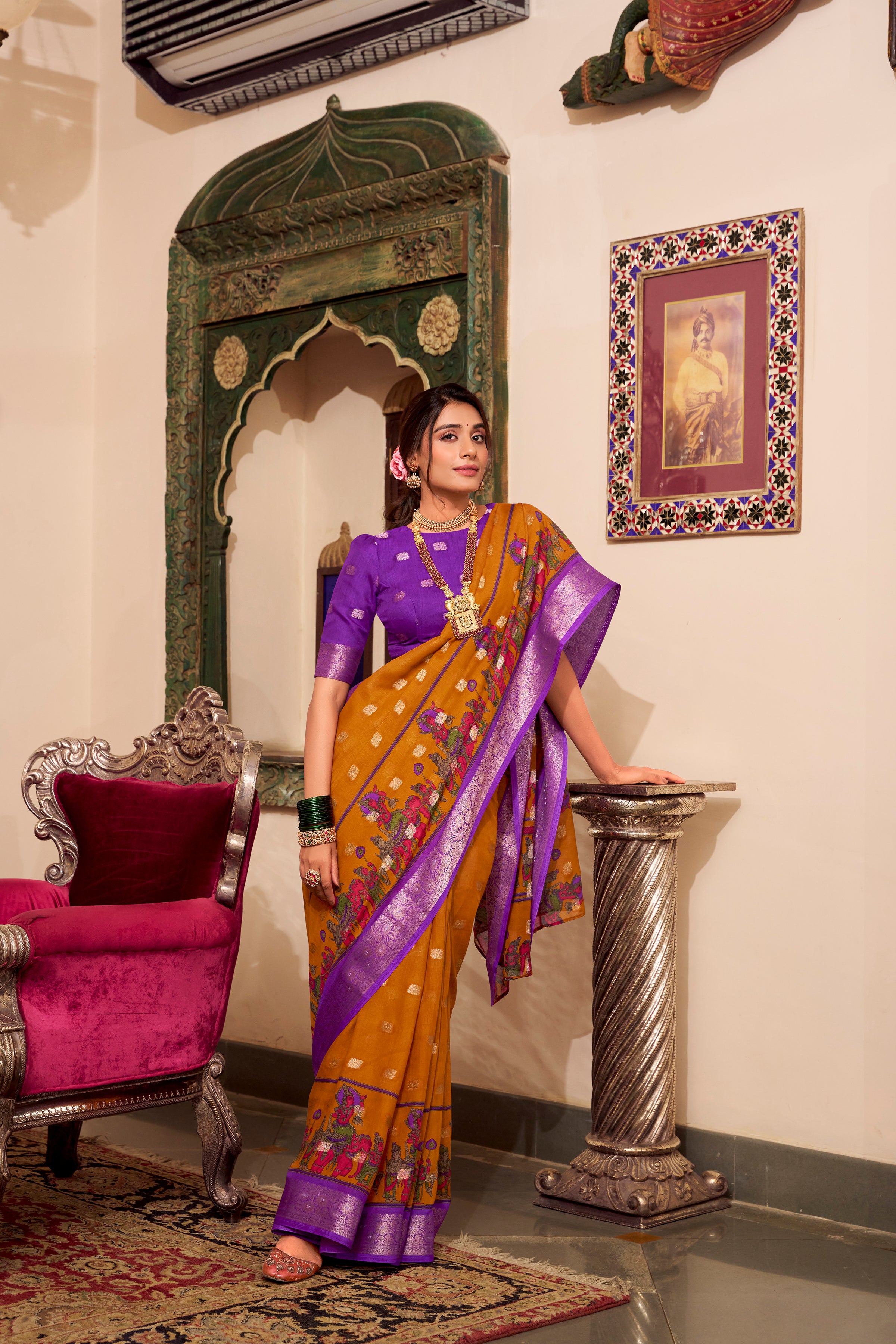 Mustard Yellow & Purple Poly Cotton Saree