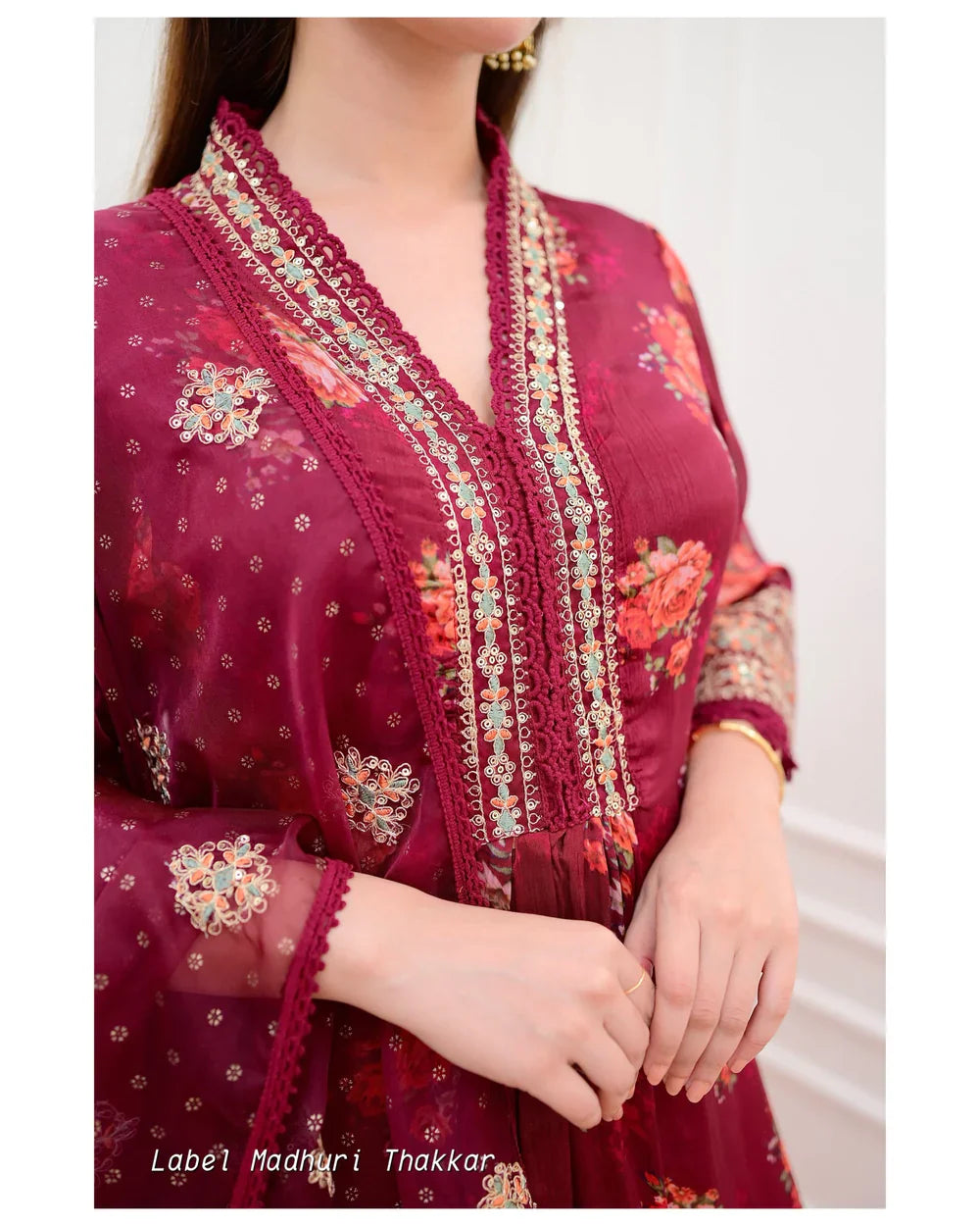 MAROON FLORAL CHINNON FESTIVE SUIT
