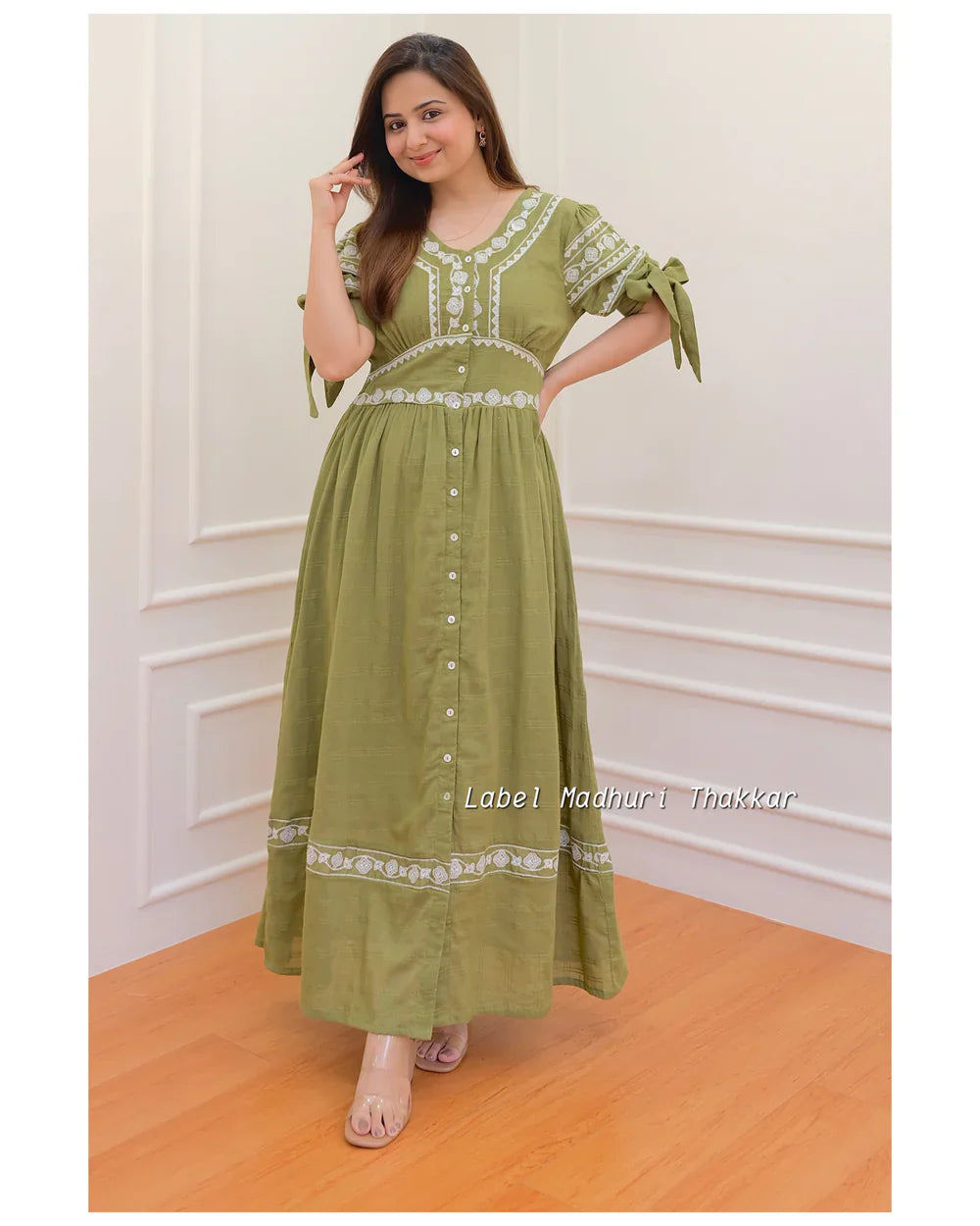 OLIVE GREEN THREADWORK MIDI DRESS