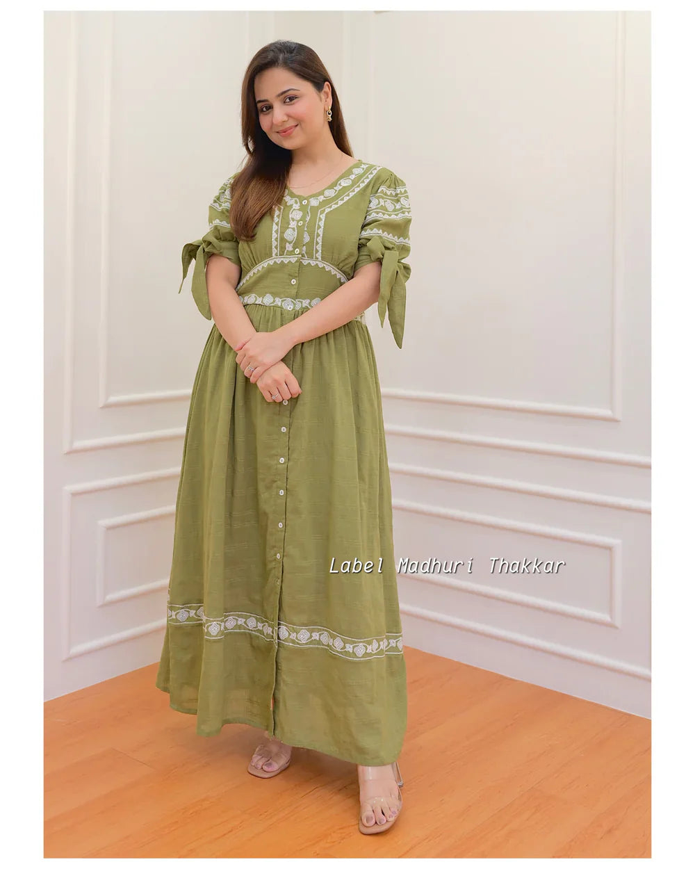 OLIVE GREEN THREADWORK MIDI DRESS