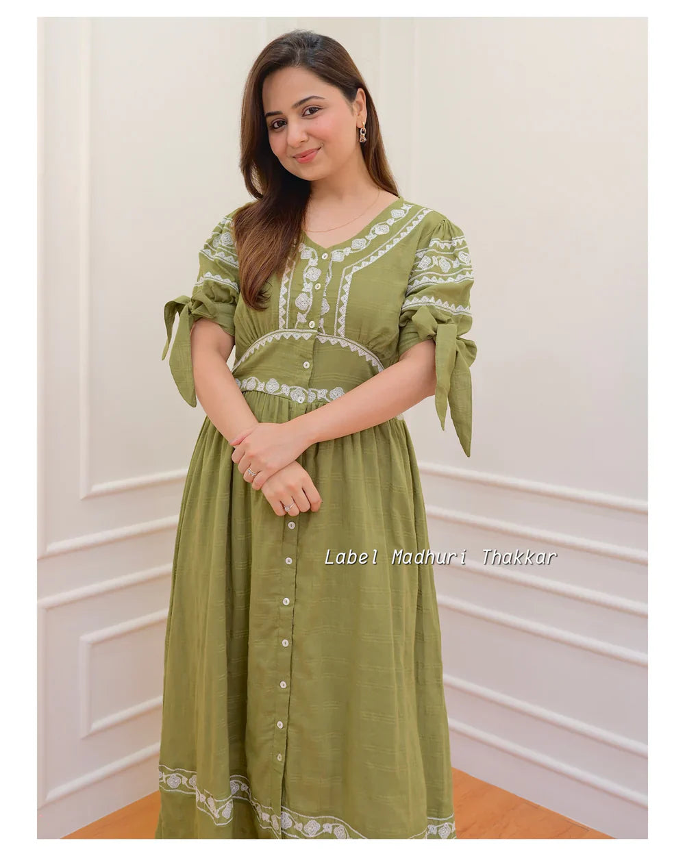 OLIVE GREEN THREADWORK MIDI DRESS