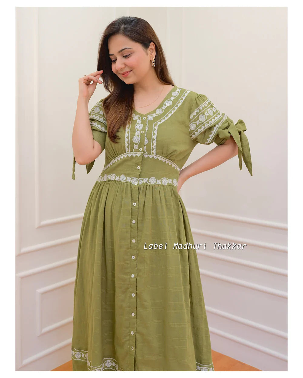 OLIVE GREEN THREADWORK MIDI DRESS