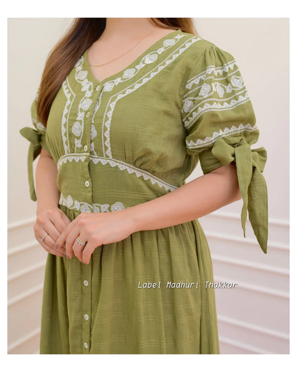 OLIVE GREEN THREADWORK MIDI DRESS