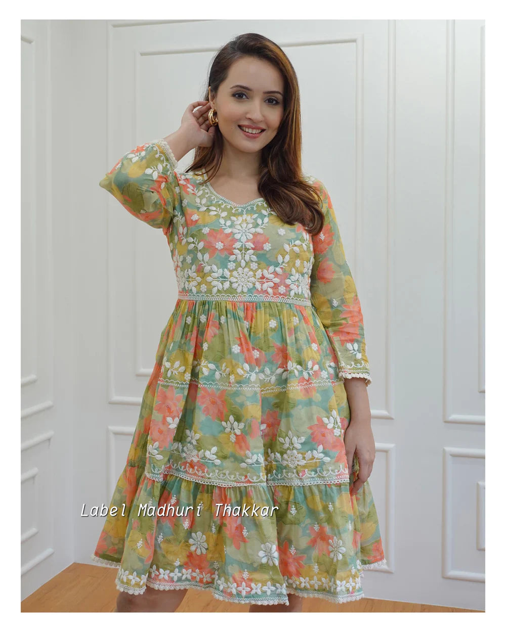 GREEN FLORAL CHIKANKARI DRESS