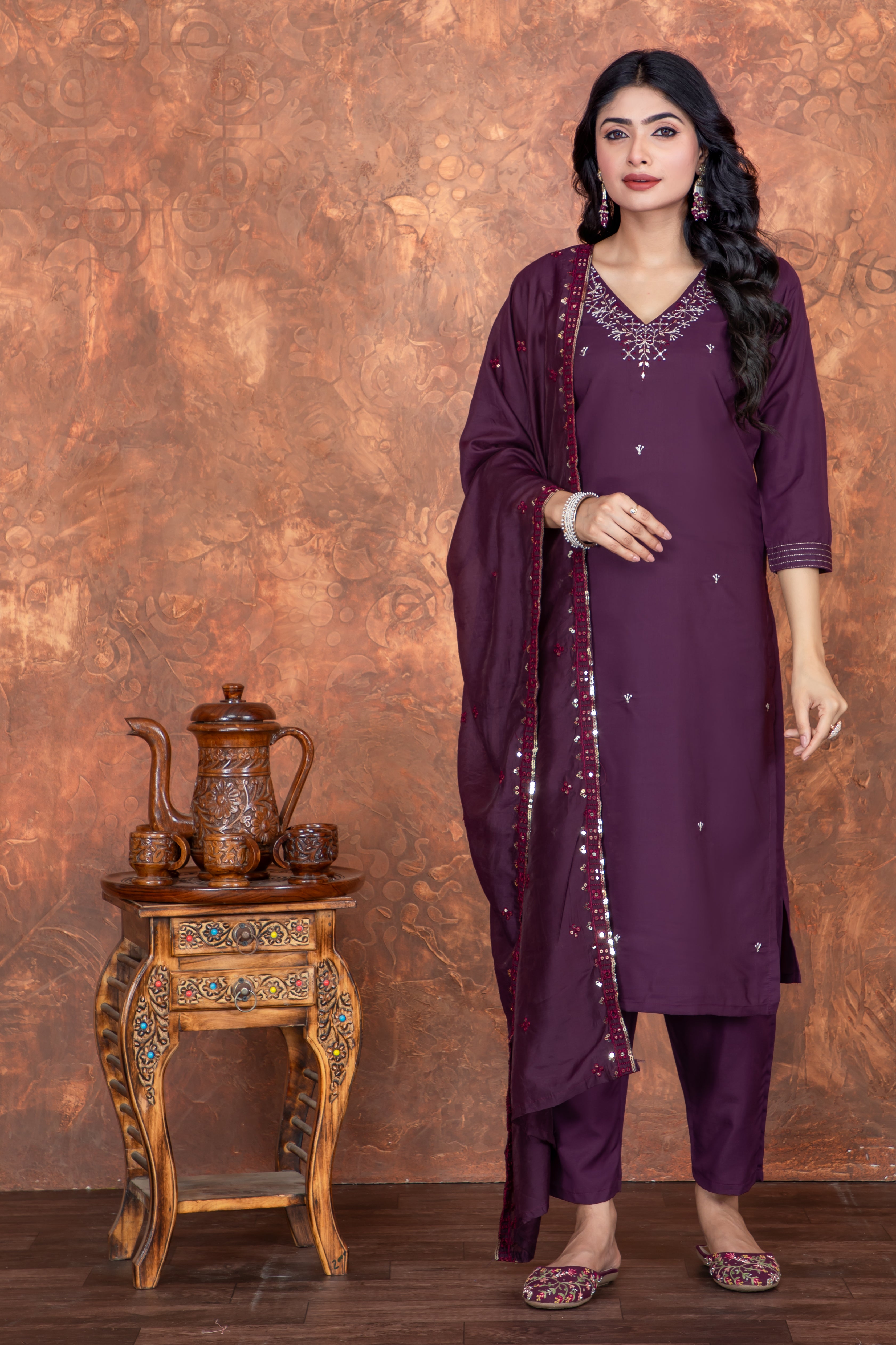 Wine Roman Silk V Neck Straight Fit and Heavy Embroidered Work Women’s Kurta Set with Dupatta