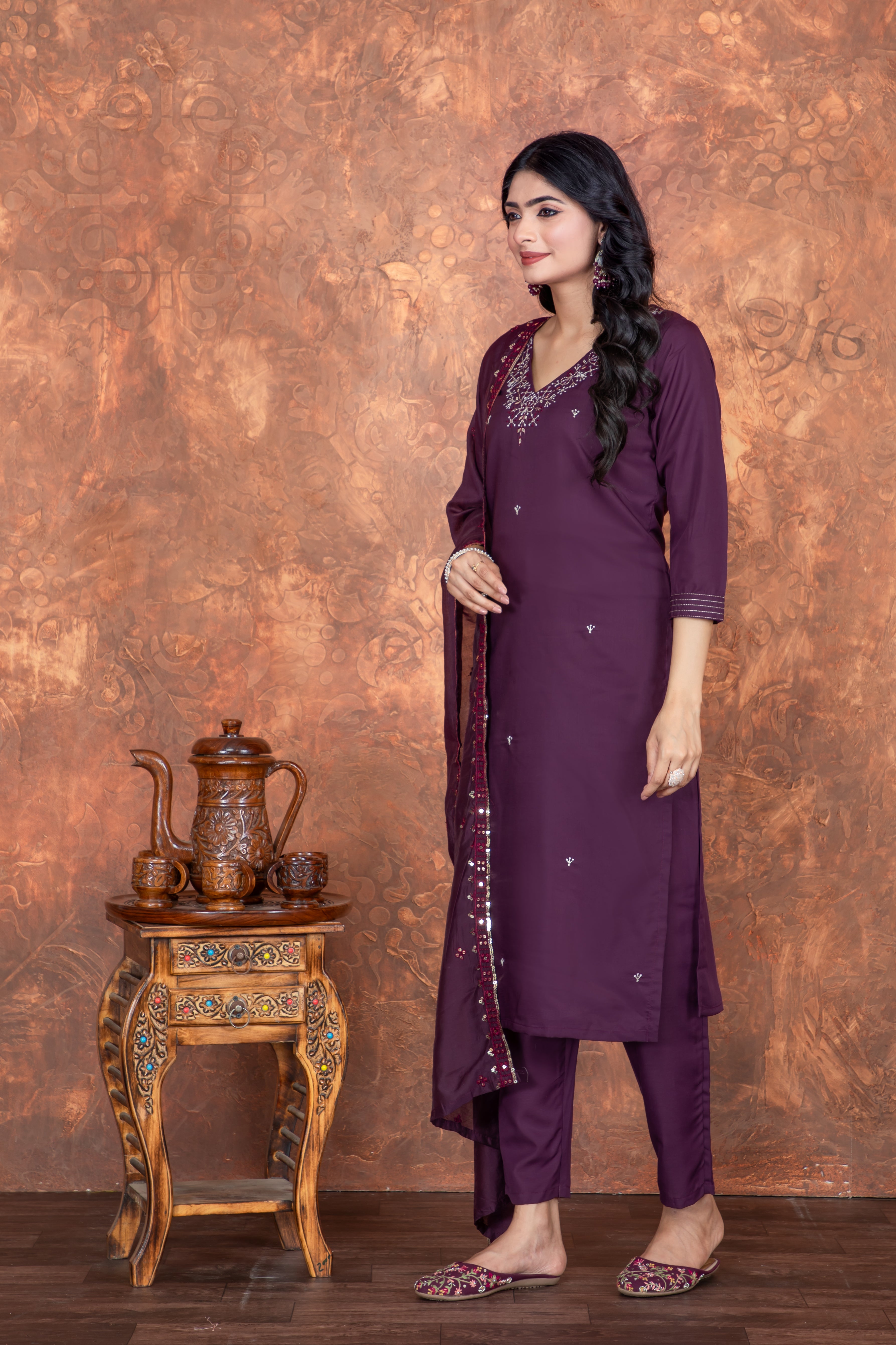 Wine Roman Silk V Neck Straight Fit and Heavy Embroidered Work Women’s Kurta Set with Dupatta