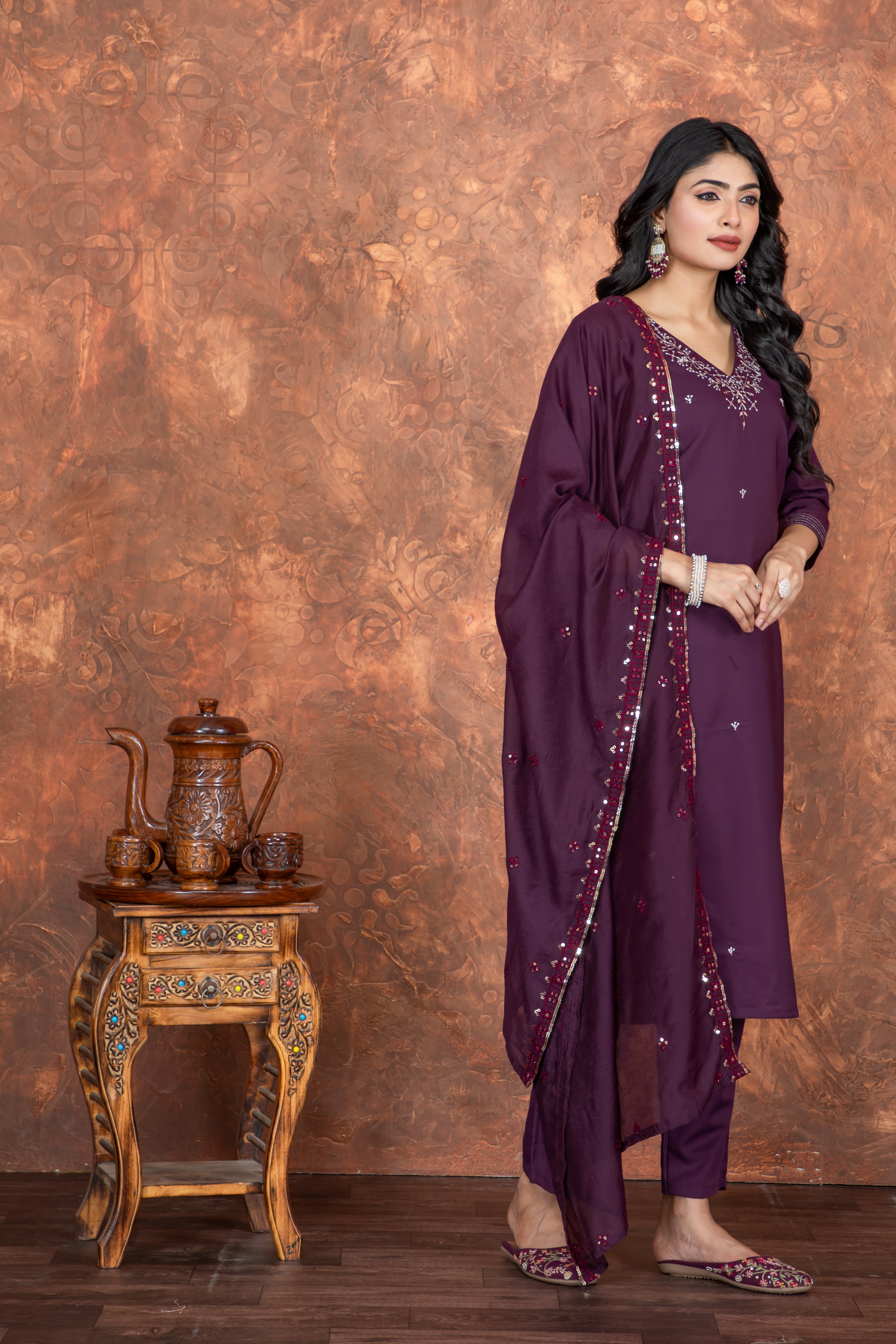 Wine Roman Silk V Neck Straight Fit and Heavy Embroidered Work Women’s Kurta Set with Dupatta