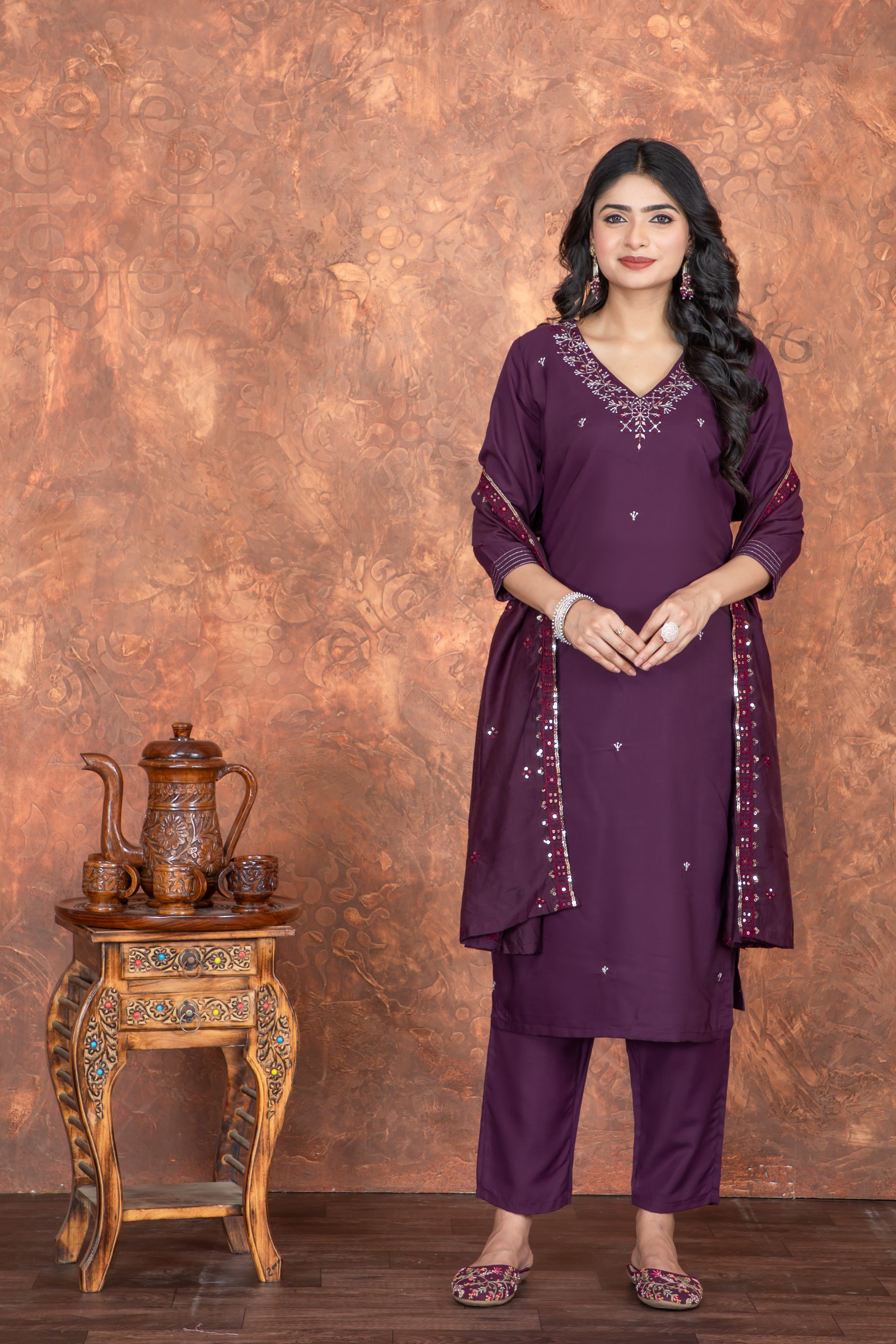 Wine Roman Silk V Neck Straight Fit and Heavy Embroidered Work Women’s Kurta Set with Dupatta